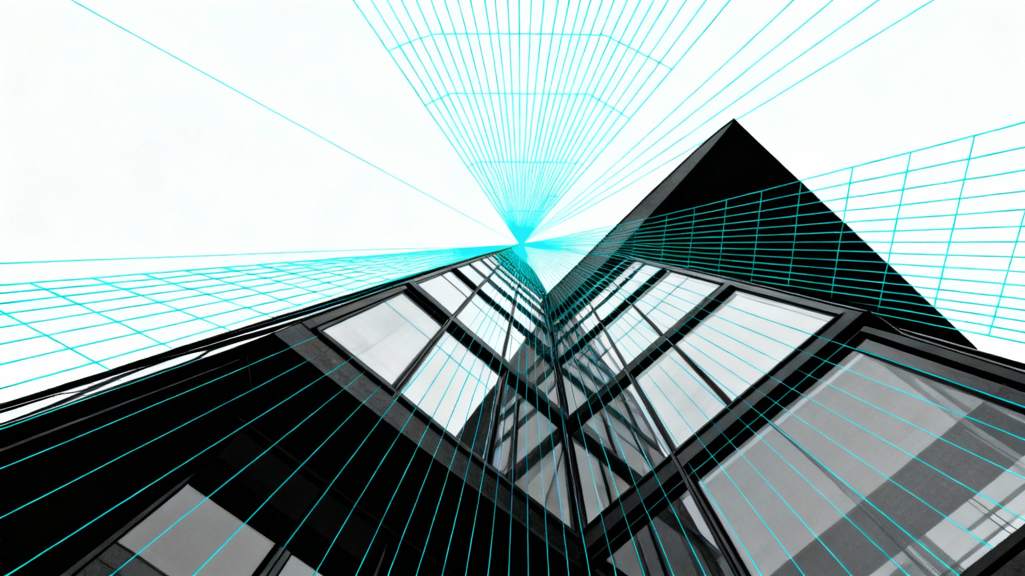 An architectural line drawing of a modern building superimposed on a bright blue perspective grid, all on a clean white background, illustrating the concept of creating depth in design.