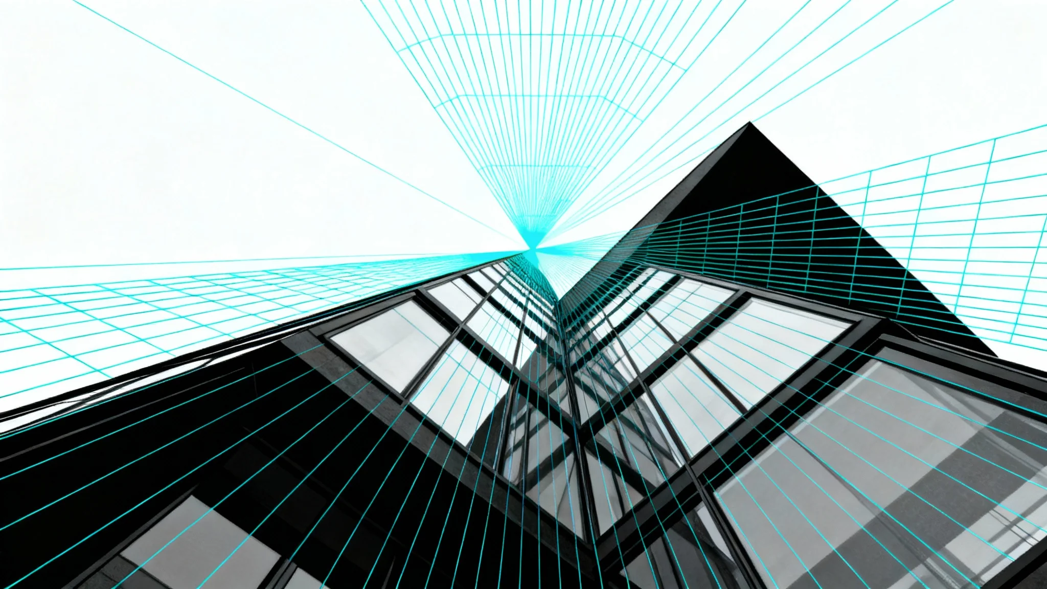 An architectural line drawing of a modern building superimposed on a bright blue perspective grid, all on a clean white background, illustrating the concept of creating depth in design.