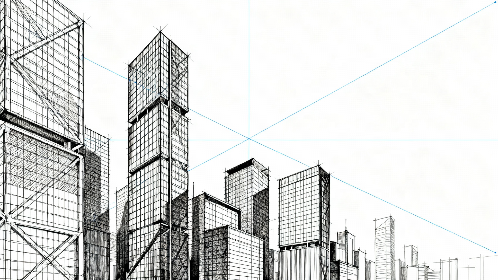 A technical illustration of a futuristic cityscape drawn using a visible two-point perspective grid, demonstrating how the lines create a sense of depth and structure.