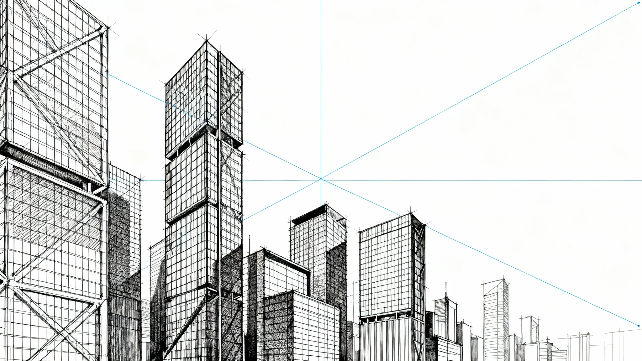 A technical illustration of a futuristic cityscape drawn using a visible two-point perspective grid, demonstrating how the lines create a sense of depth and structure.