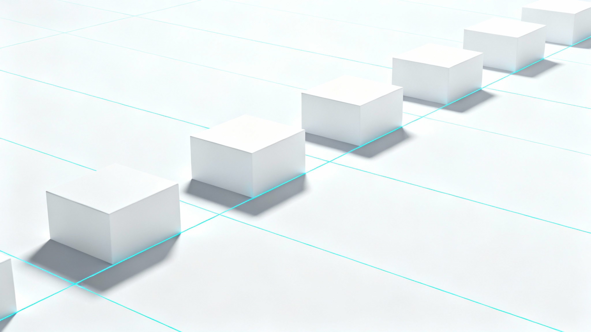 A clean, technical drawing showing a glowing blue perspective grid on a white background. White geometric shapes like cubes are placed on the grid to demonstrate 3D perspective.