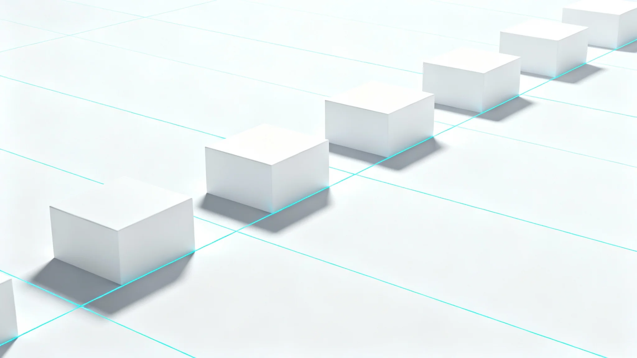A clean, technical drawing showing a glowing blue perspective grid on a white background. White geometric shapes like cubes are placed on the grid to demonstrate 3D perspective.
