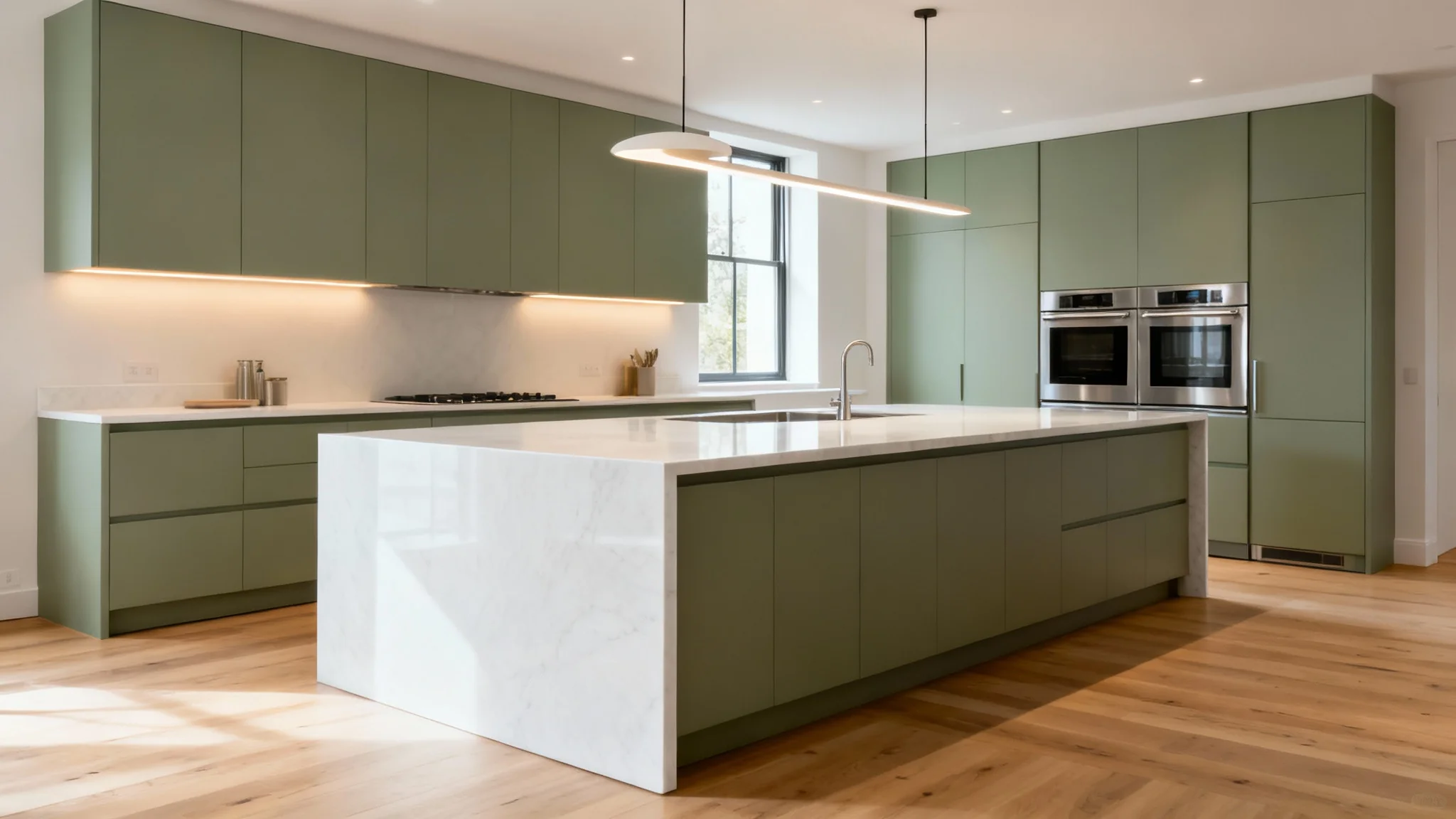 A photorealistic image of a professionally designed modern kitchen with sage green cabinets and a white quartz island, representing the final output from a kitchen cabinet visualizer tool.