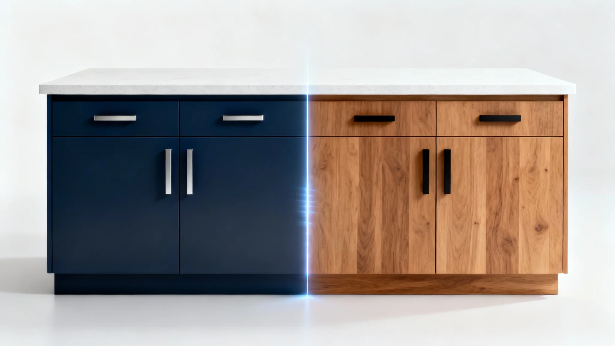 A photorealistic mockup of a kitchen island split into two styles, demonstrating a kitchen cabinet visualizer. The left side has navy blue cabinets, and the right side has natural oak cabinets.