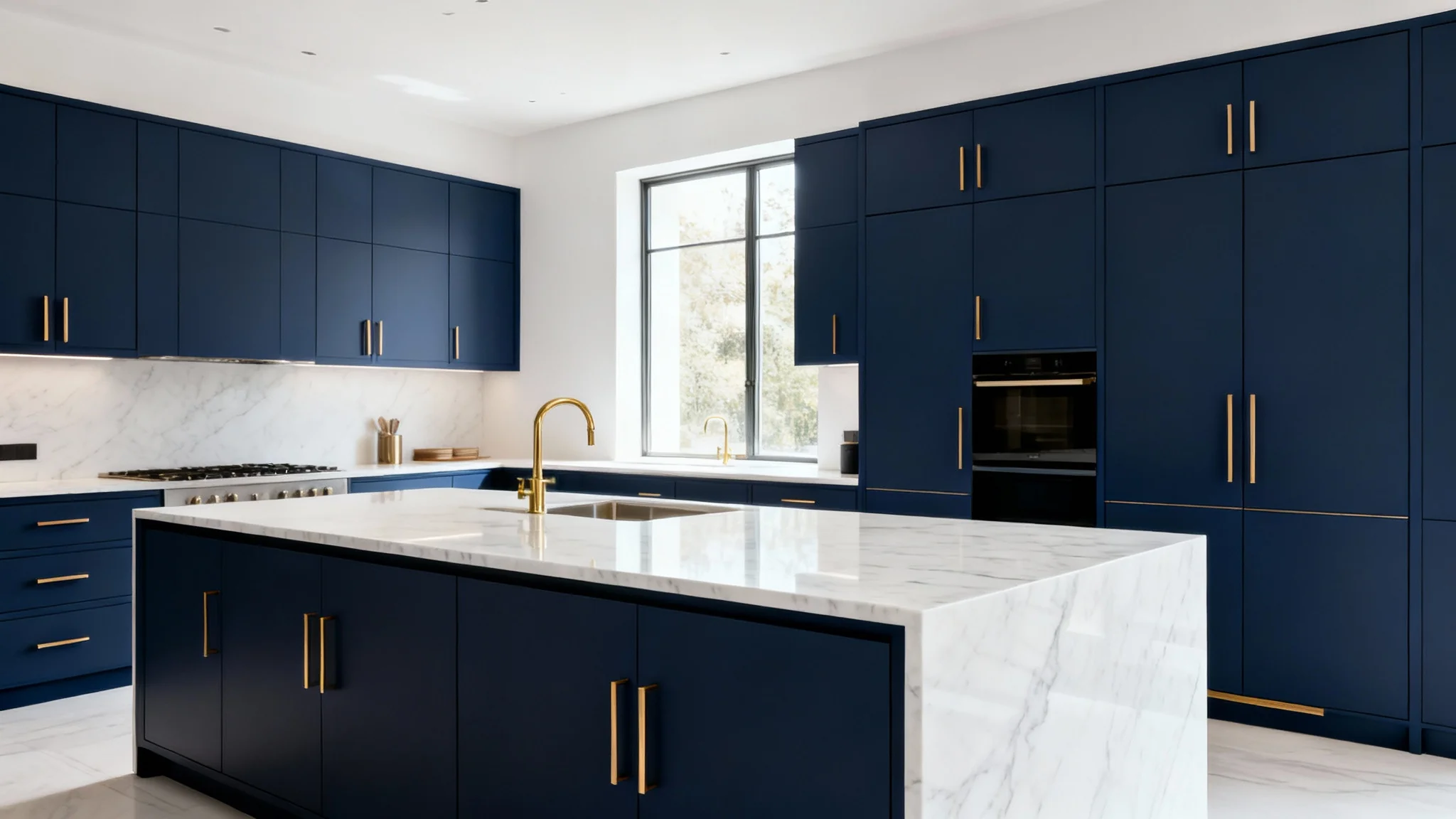 A photorealistic image of a luxurious modern kitchen with navy blue cabinets, a white marble waterfall island, and bright natural lighting, showcasing a high-end cabinet design.