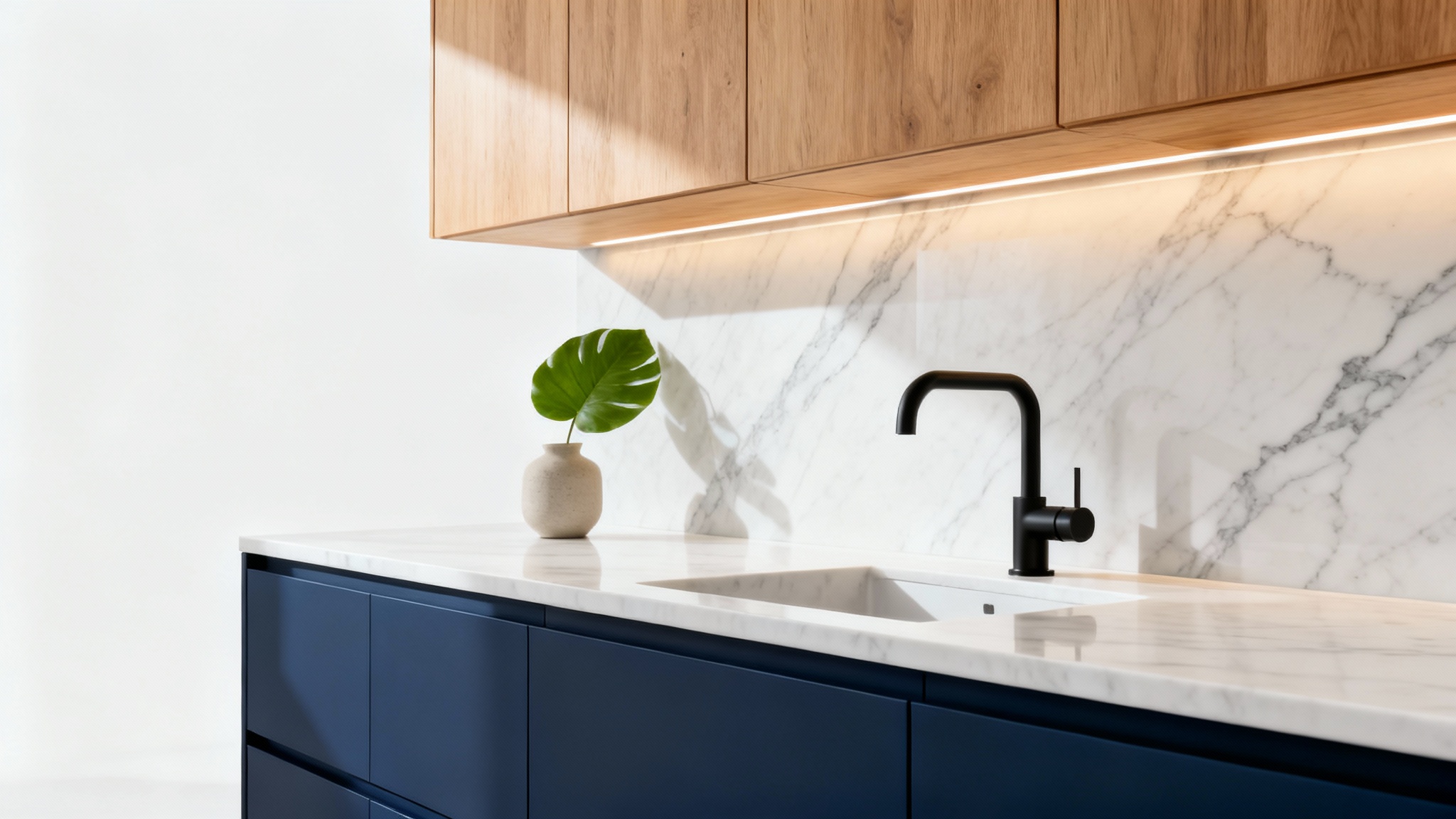A modern kitchen with sleek navy blue and light oak cabinets, white marble countertops, and minimalist decor, showcased against a clean white background.