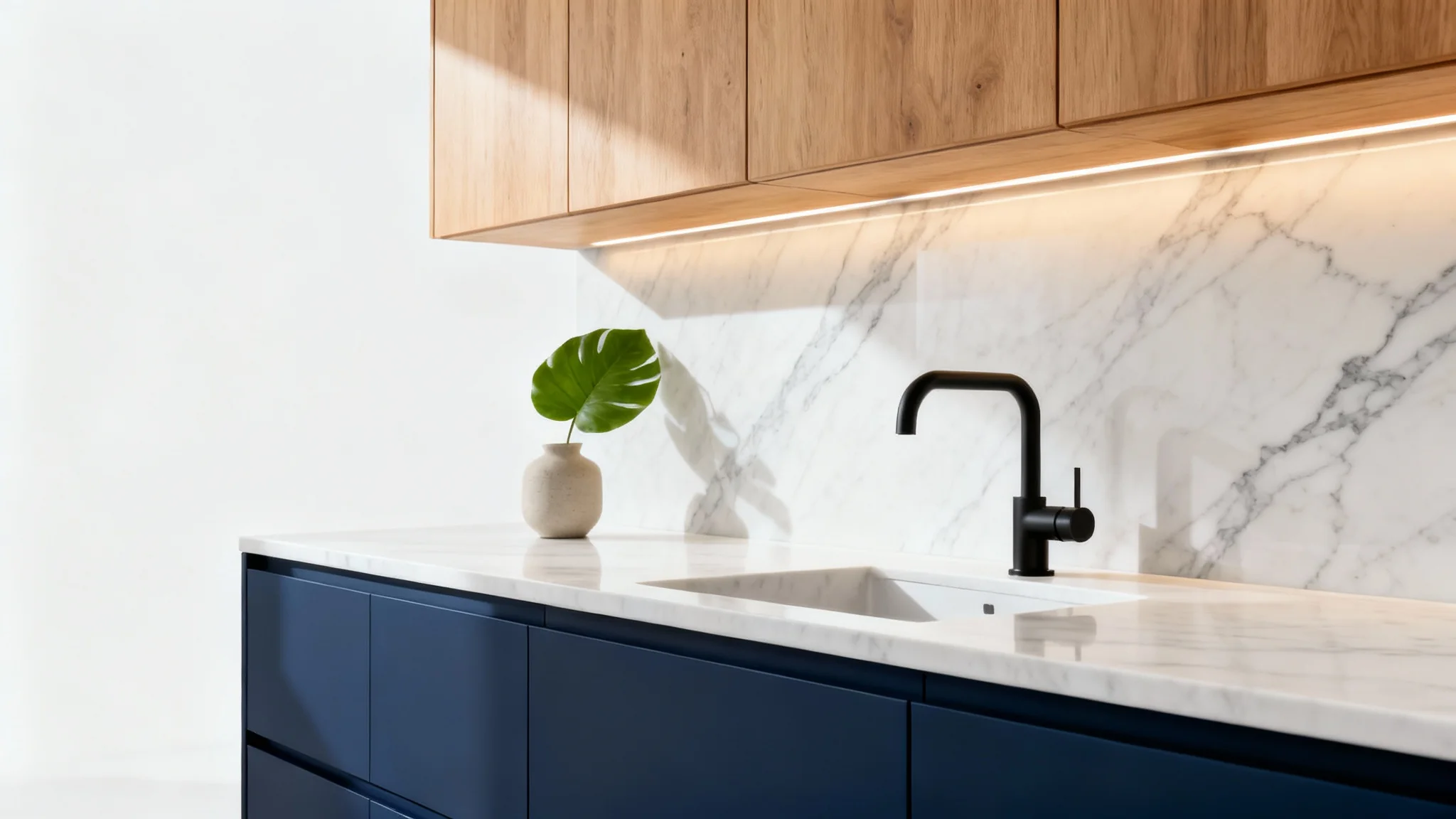 A modern kitchen with sleek navy blue and light oak cabinets, white marble countertops, and minimalist decor, showcased against a clean white background.
