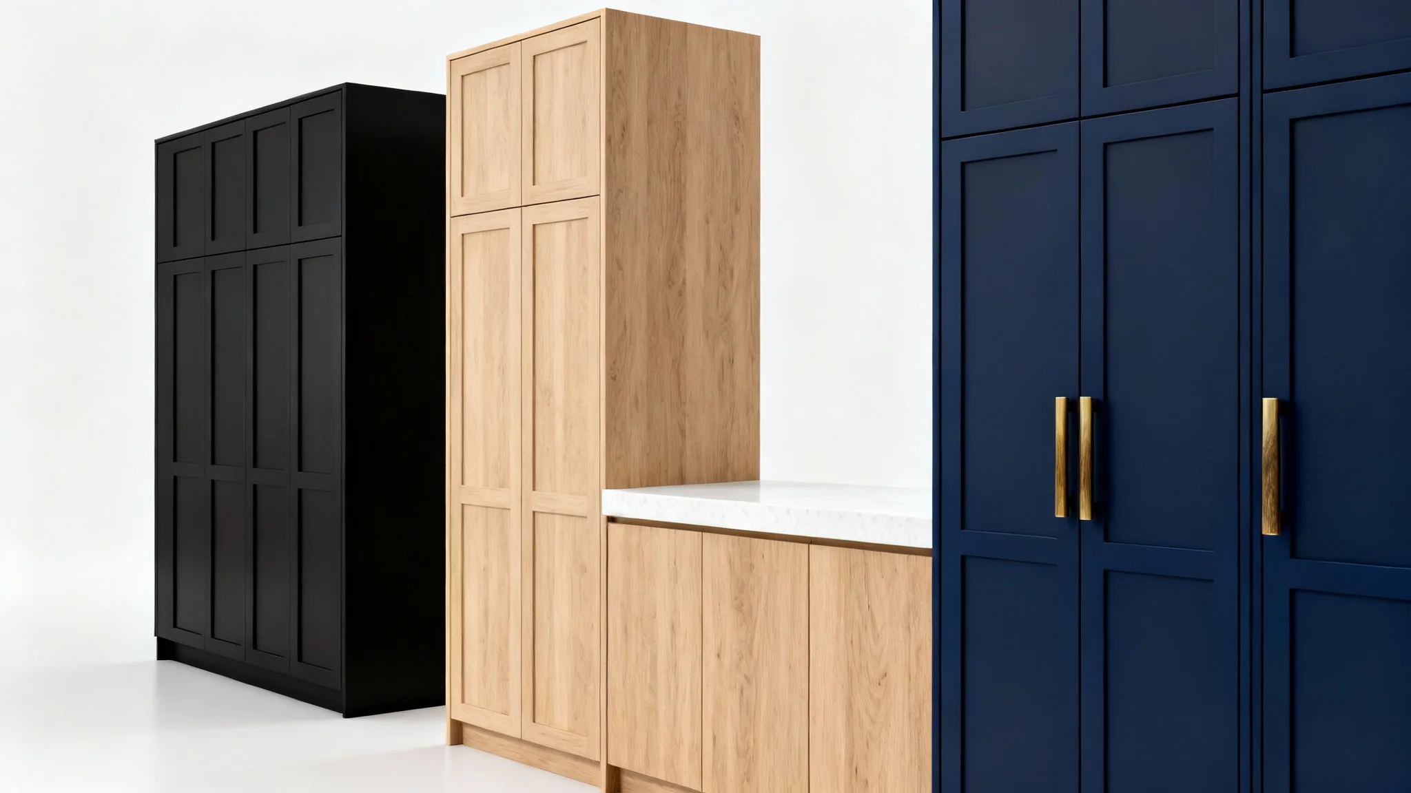 A modern kitchen setup showcasing three different cabinet styles: matte black shaker, light natural wood, and deep navy blue with brass handles, all against a clean white background.
