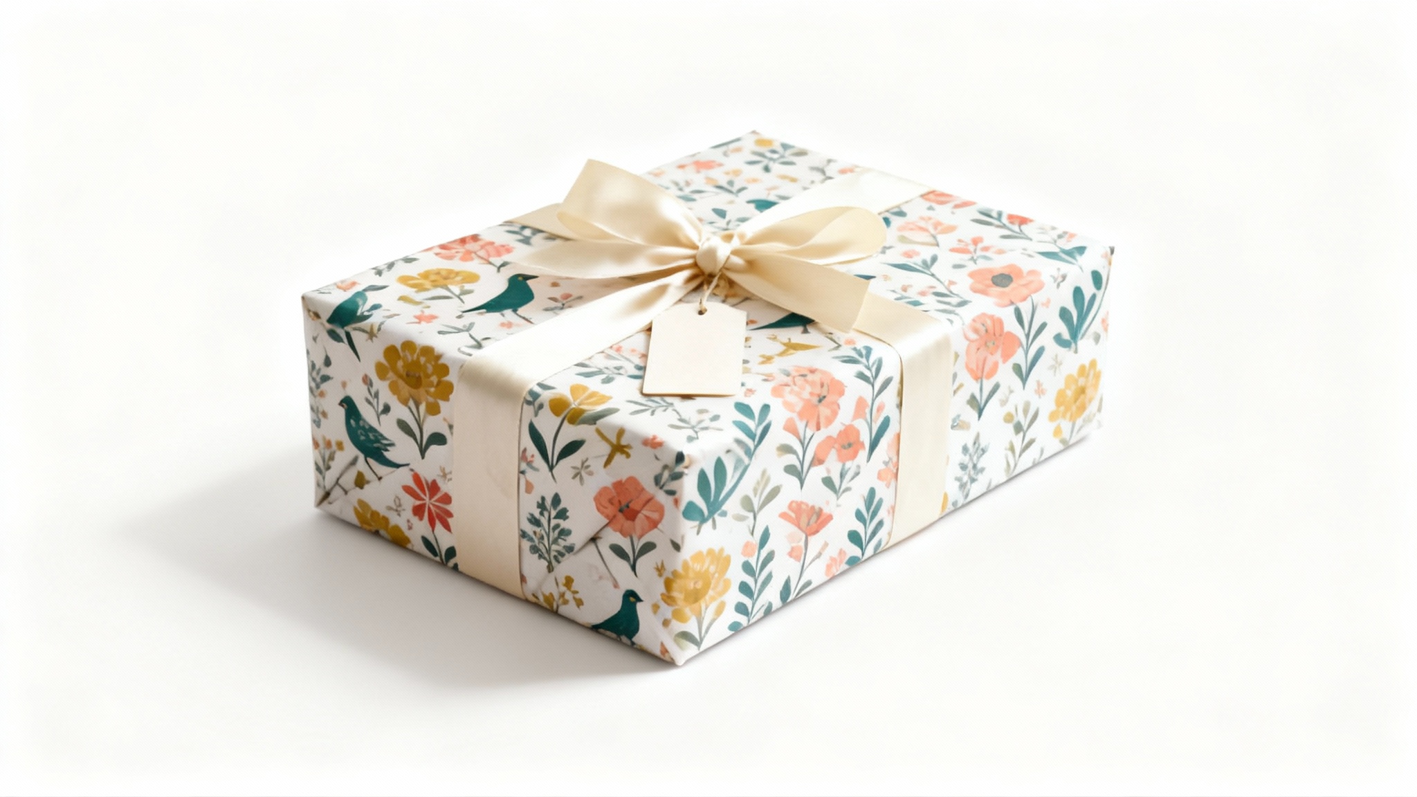 A photorealistic mockup of a gift box wrapped in custom paper featuring a vibrant Scandinavian-style pattern of birds and flowers, set against a clean white background.