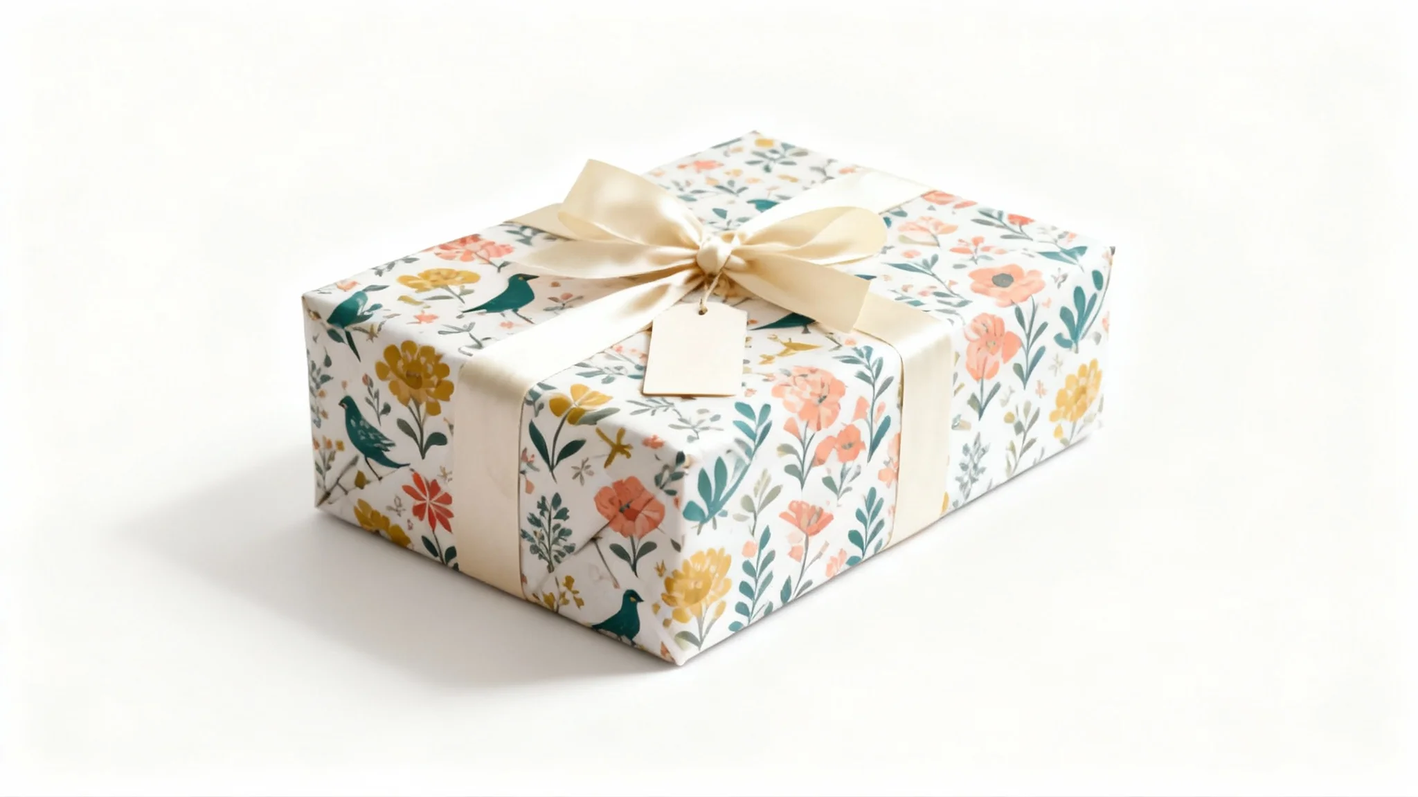 A photorealistic mockup of a gift box wrapped in custom paper featuring a vibrant Scandinavian-style pattern of birds and flowers, set against a clean white background.