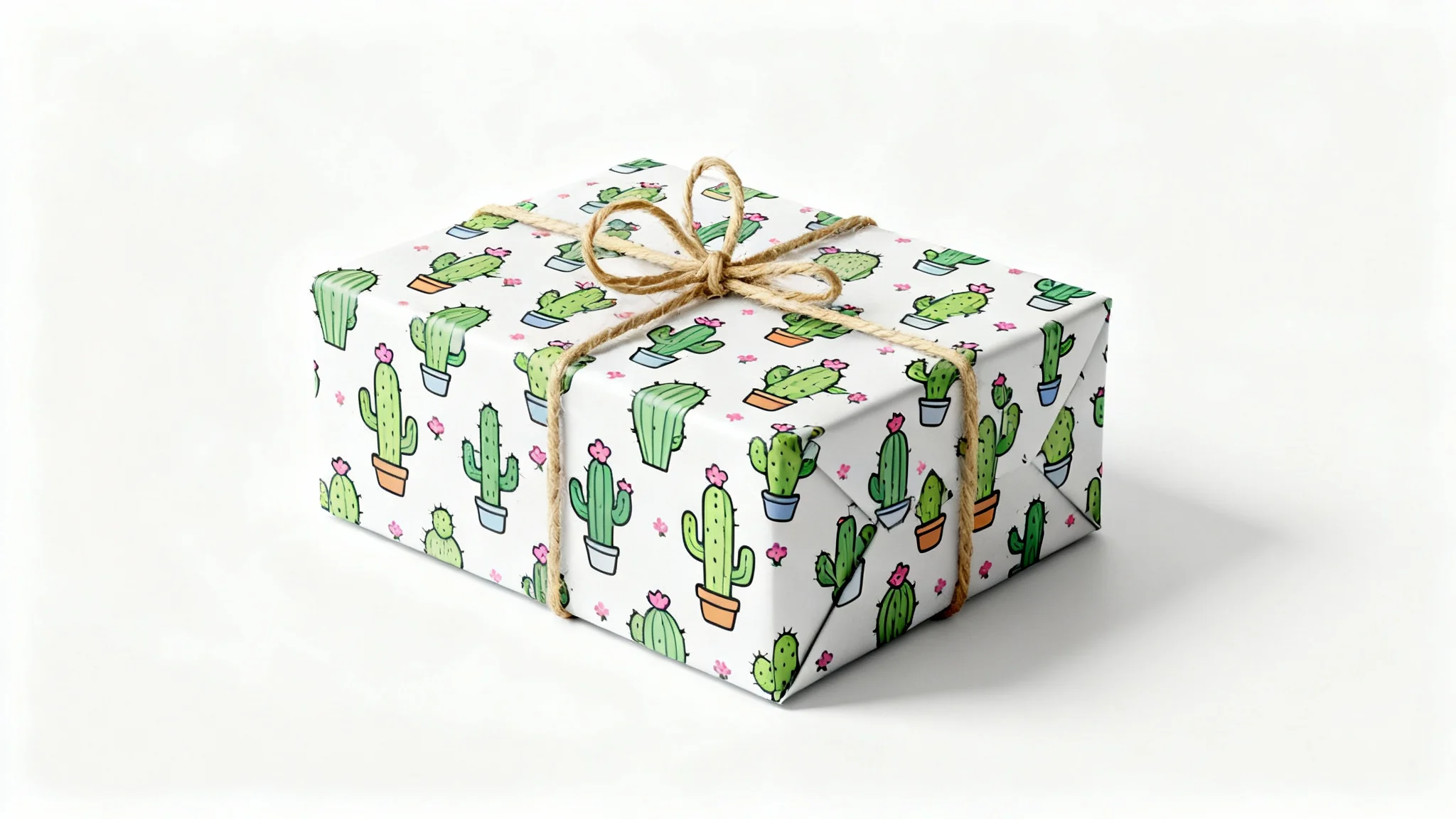 A photorealistic mockup of a gift box wrapped in paper with a cute cactus pattern, tied with a simple twine bow, set against a plain white background.