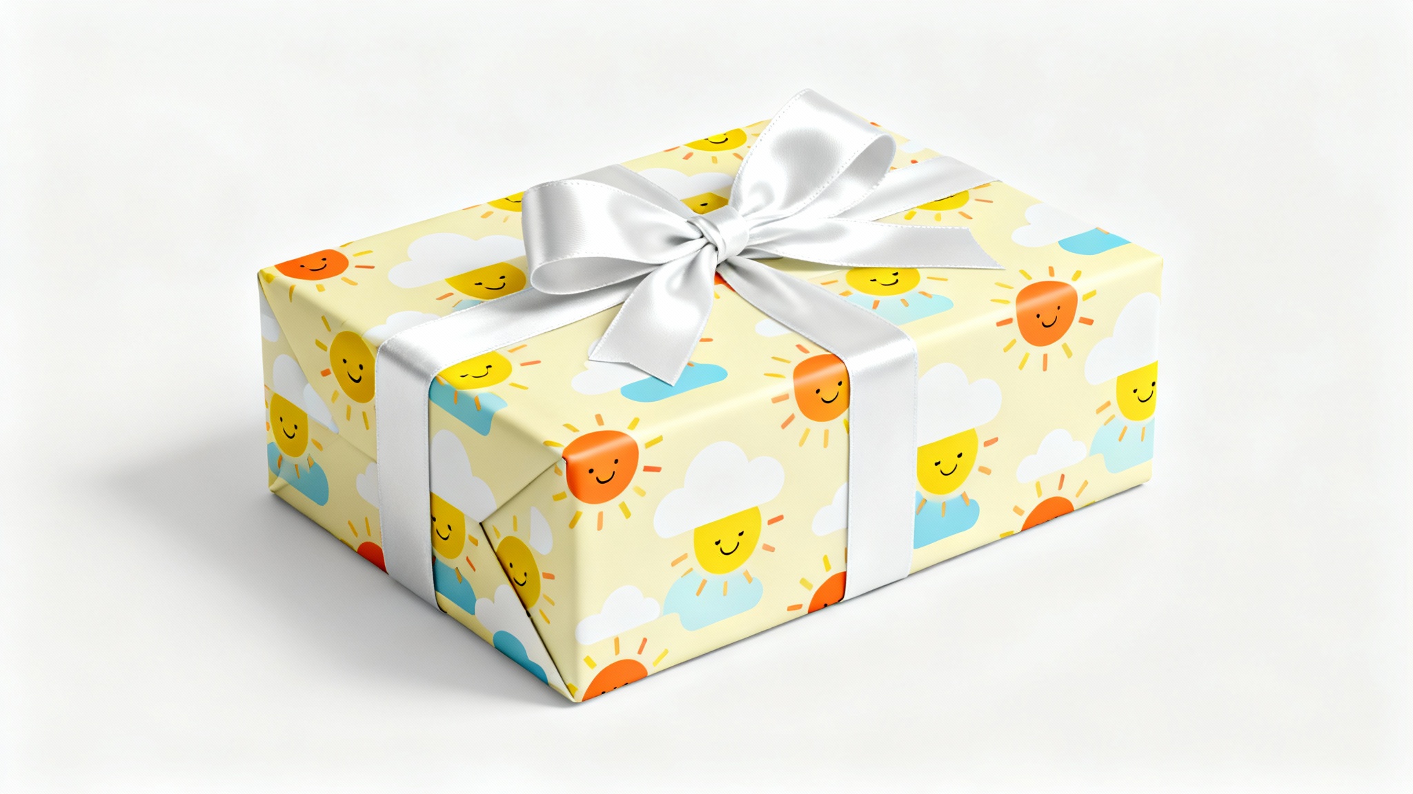A photorealistic mockup of a gift box wrapped in paper with a pattern of smiling suns and clouds, tied with a white satin ribbon, against a plain white background.