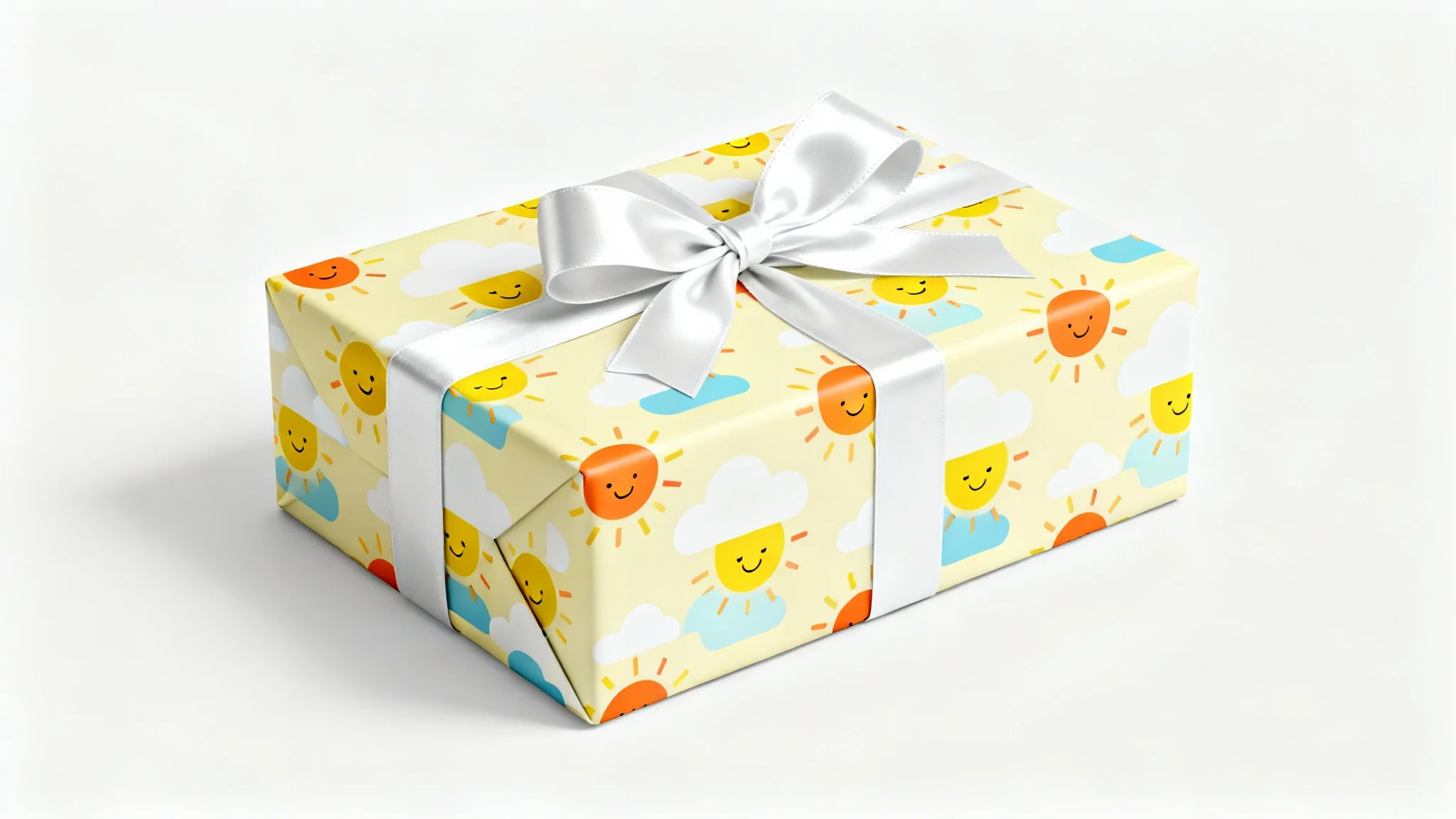 A photorealistic mockup of a gift box wrapped in paper with a pattern of smiling suns and clouds, tied with a white satin ribbon, against a plain white background.