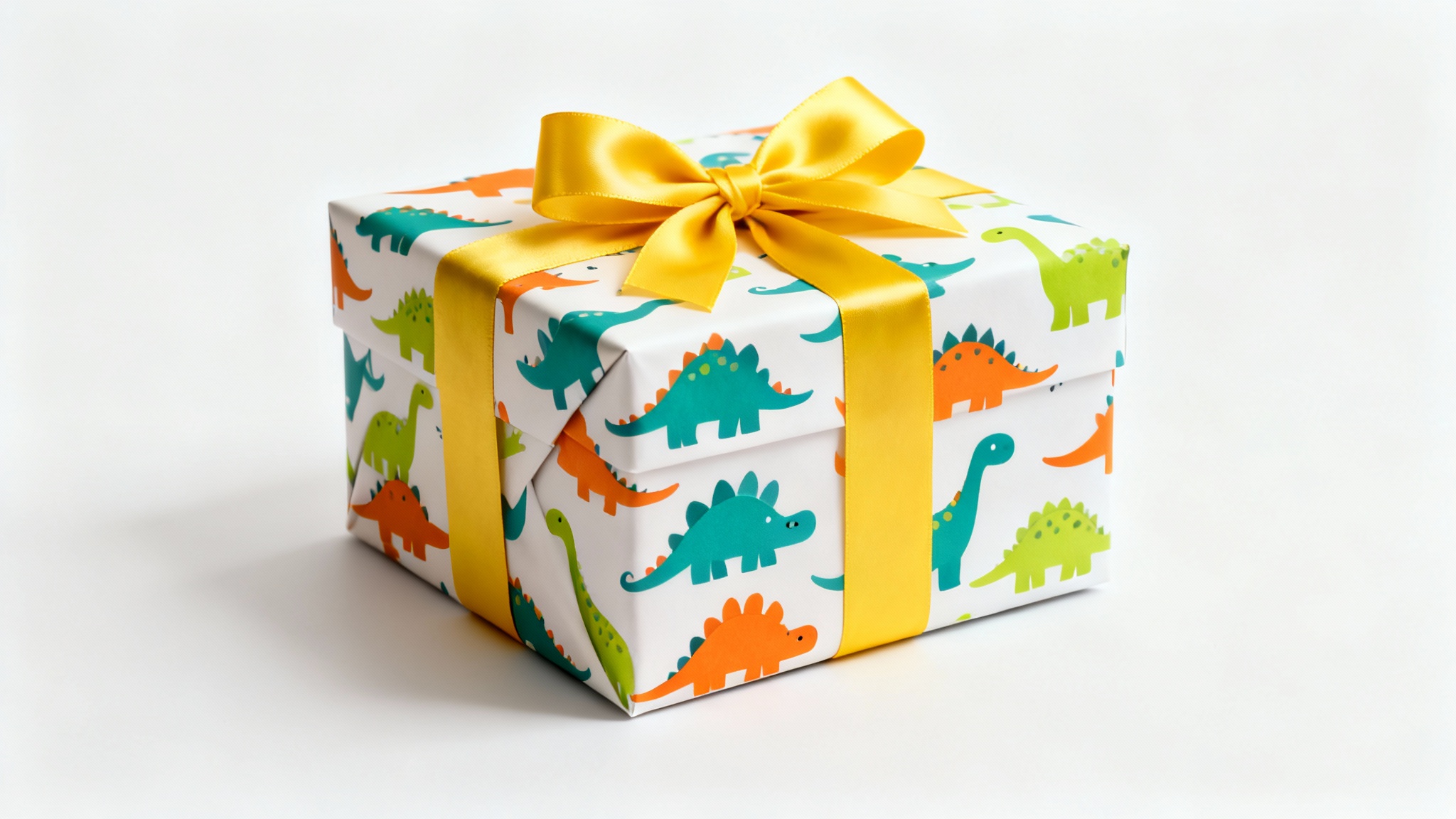 A mockup of a gift box wrapped in colorful dinosaur-patterned paper and tied with a yellow ribbon, displayed against a clean white background.