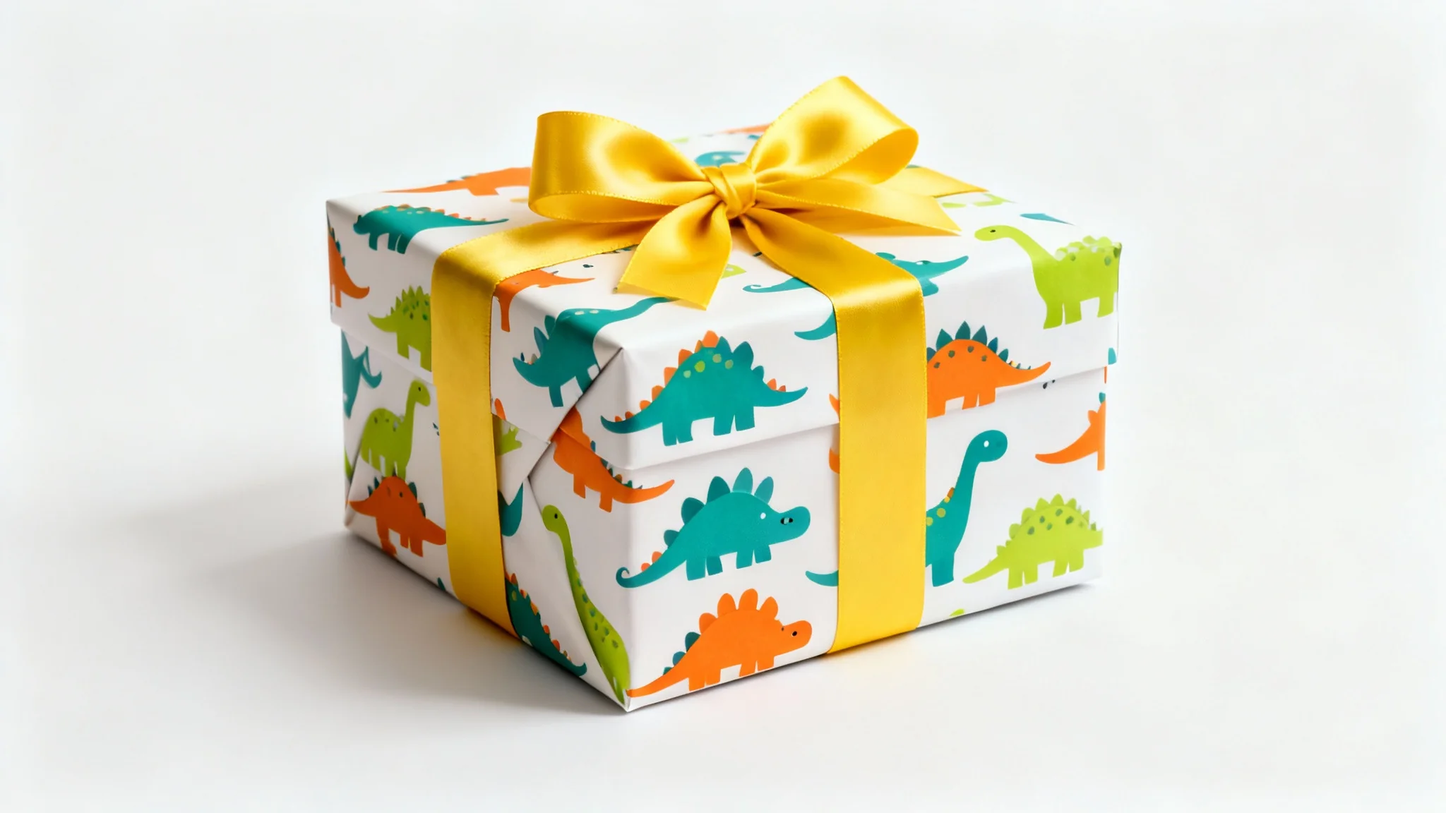 A mockup of a gift box wrapped in colorful dinosaur-patterned paper and tied with a yellow ribbon, displayed against a clean white background.