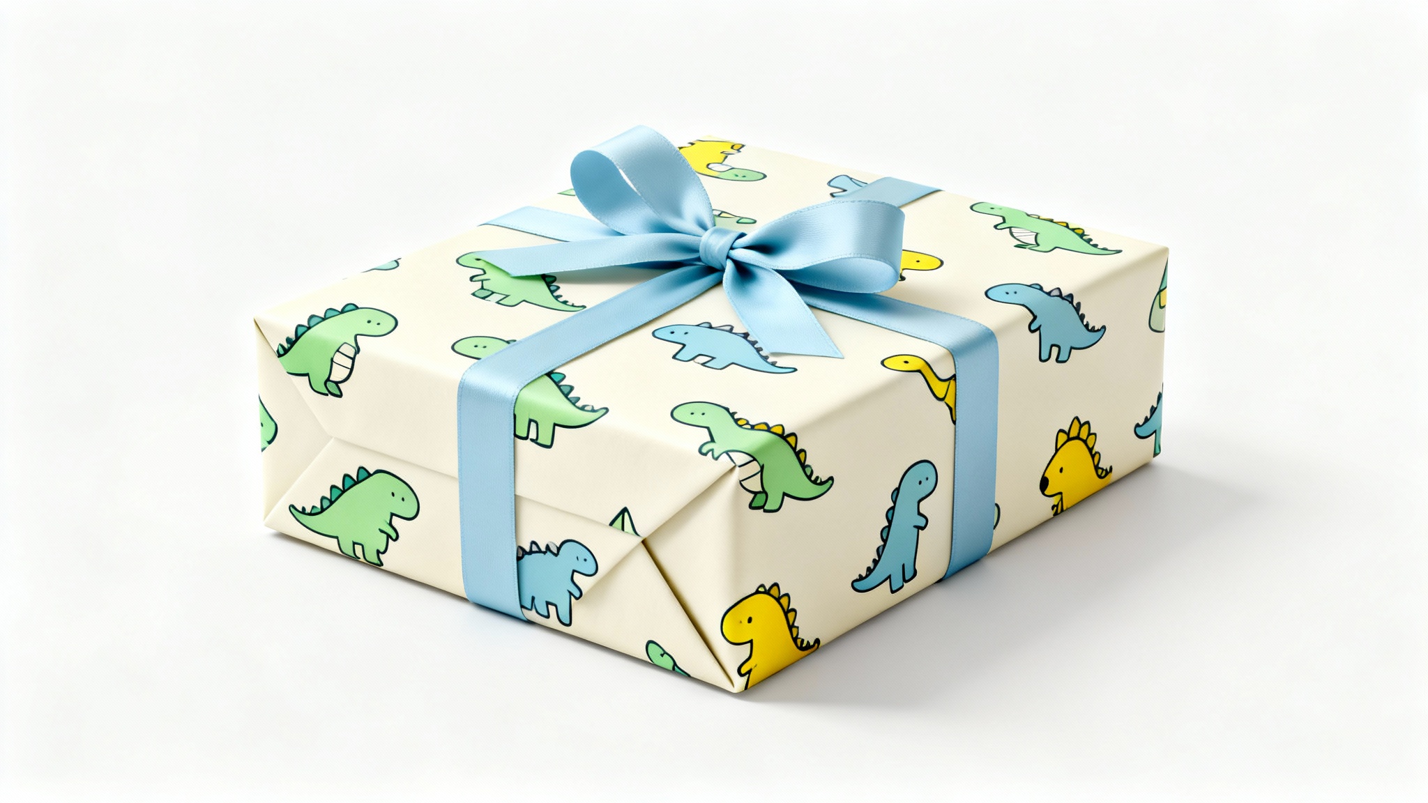 A photorealistic mockup of a gift box wrapped in cream-colored paper with a pastel dinosaur pattern, tied with a blue bow, on a white background.