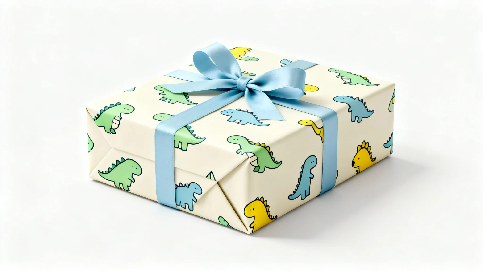 A photorealistic mockup of a gift box wrapped in cream-colored paper with a pastel dinosaur pattern, tied with a blue bow, on a white background.