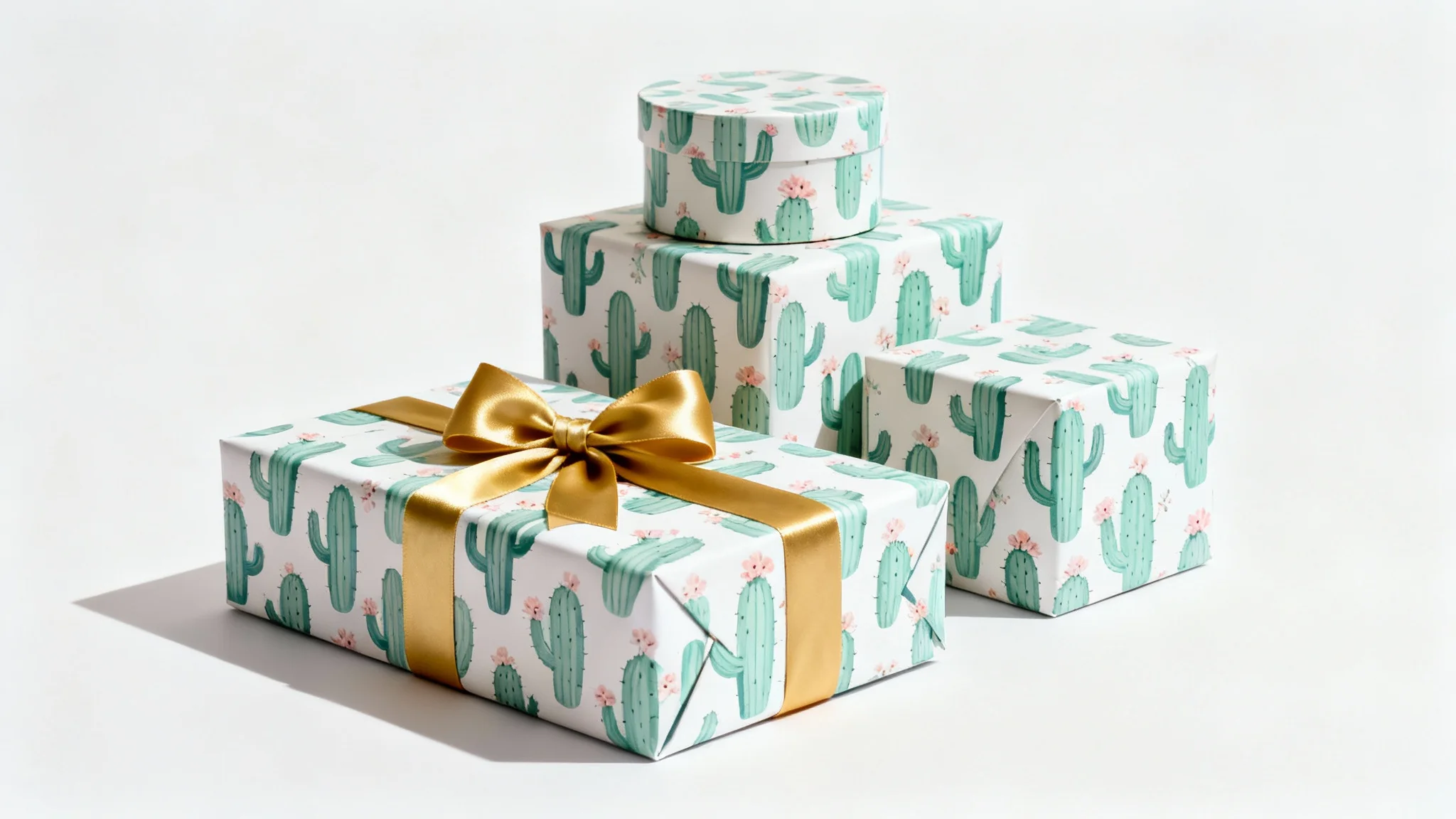 Three gift boxes of different sizes wrapped in custom paper with a cactus and flower pattern, tied with a gold ribbon, displayed against a clean white background.