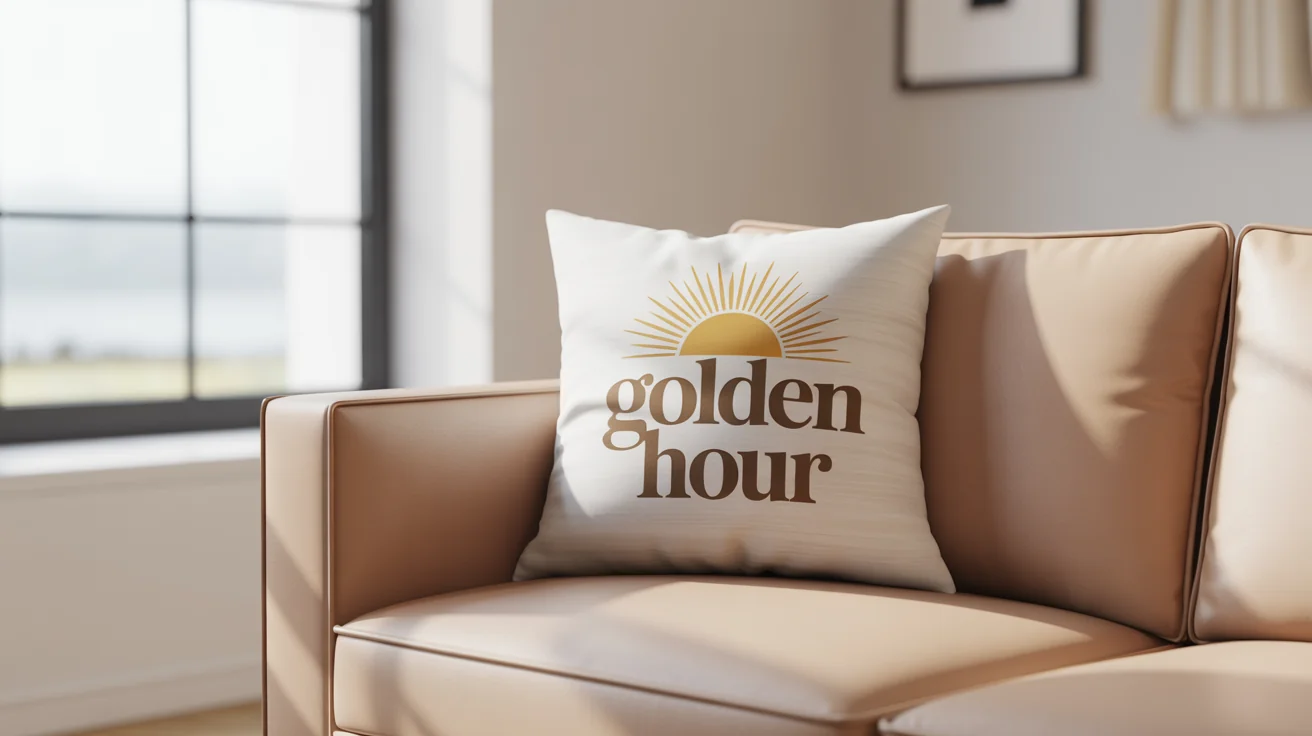 A stylish throw pillow with a golden sunburst design and the text 'Golden Hour', showcased on a modern beige sofa in a brightly lit room as a product mockup.