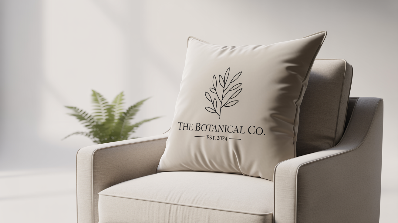 A luxurious mockup of a plush, off-white linen pillow on a gray armchair, featuring a minimalist botanical design and the text 'The Botanical Co. EST. 2024' against a clean white background.