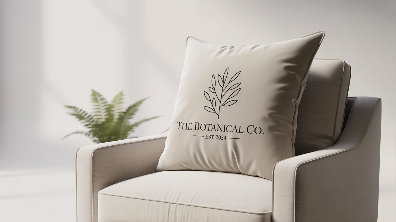 A luxurious mockup of a plush, off-white linen pillow on a gray armchair, featuring a minimalist botanical design and the text 'The Botanical Co. EST. 2024' against a clean white background.