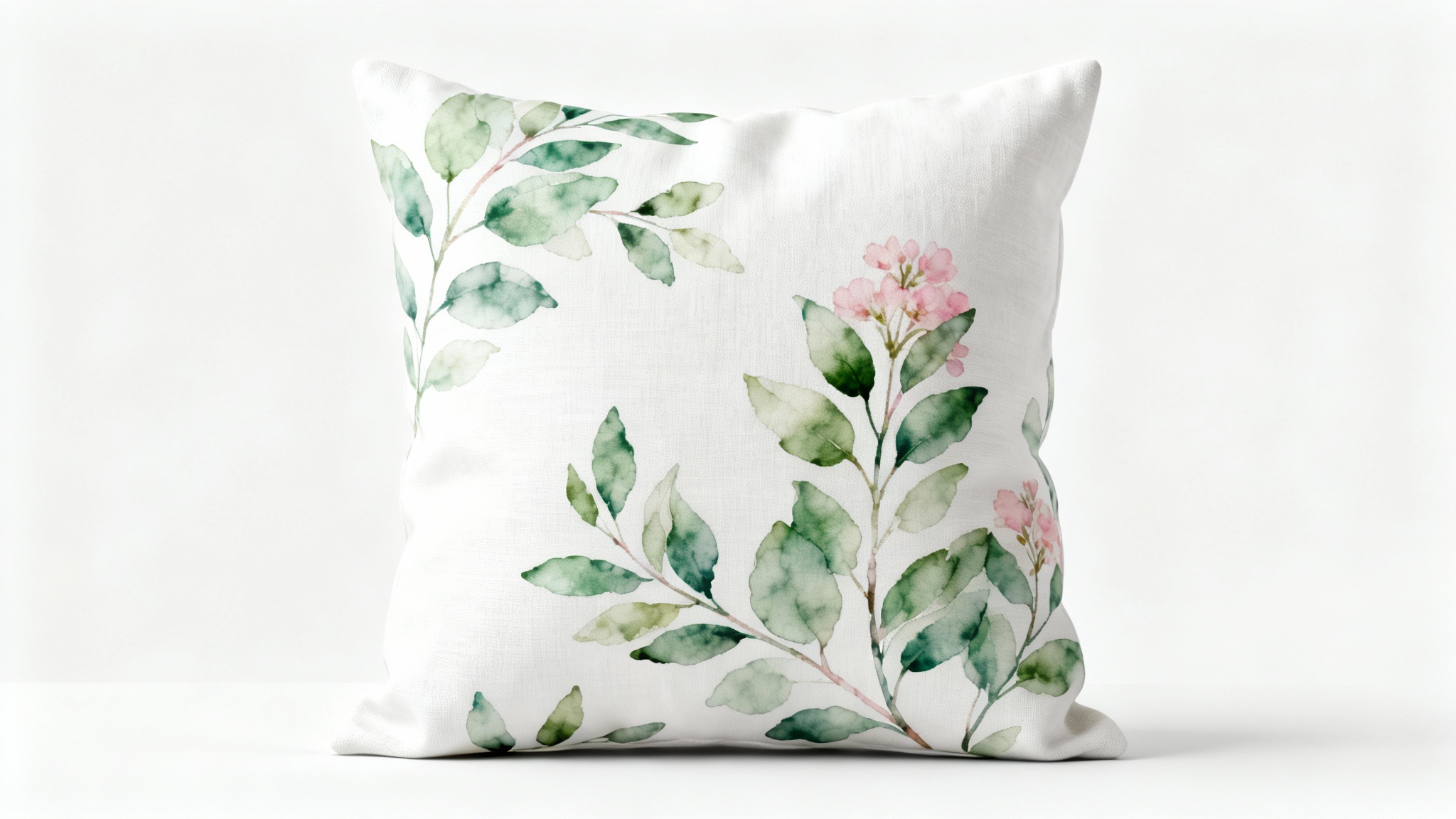 A photorealistic mockup of a plush, square white linen throw pillow featuring a delicate watercolor botanical print, set against a solid white background.