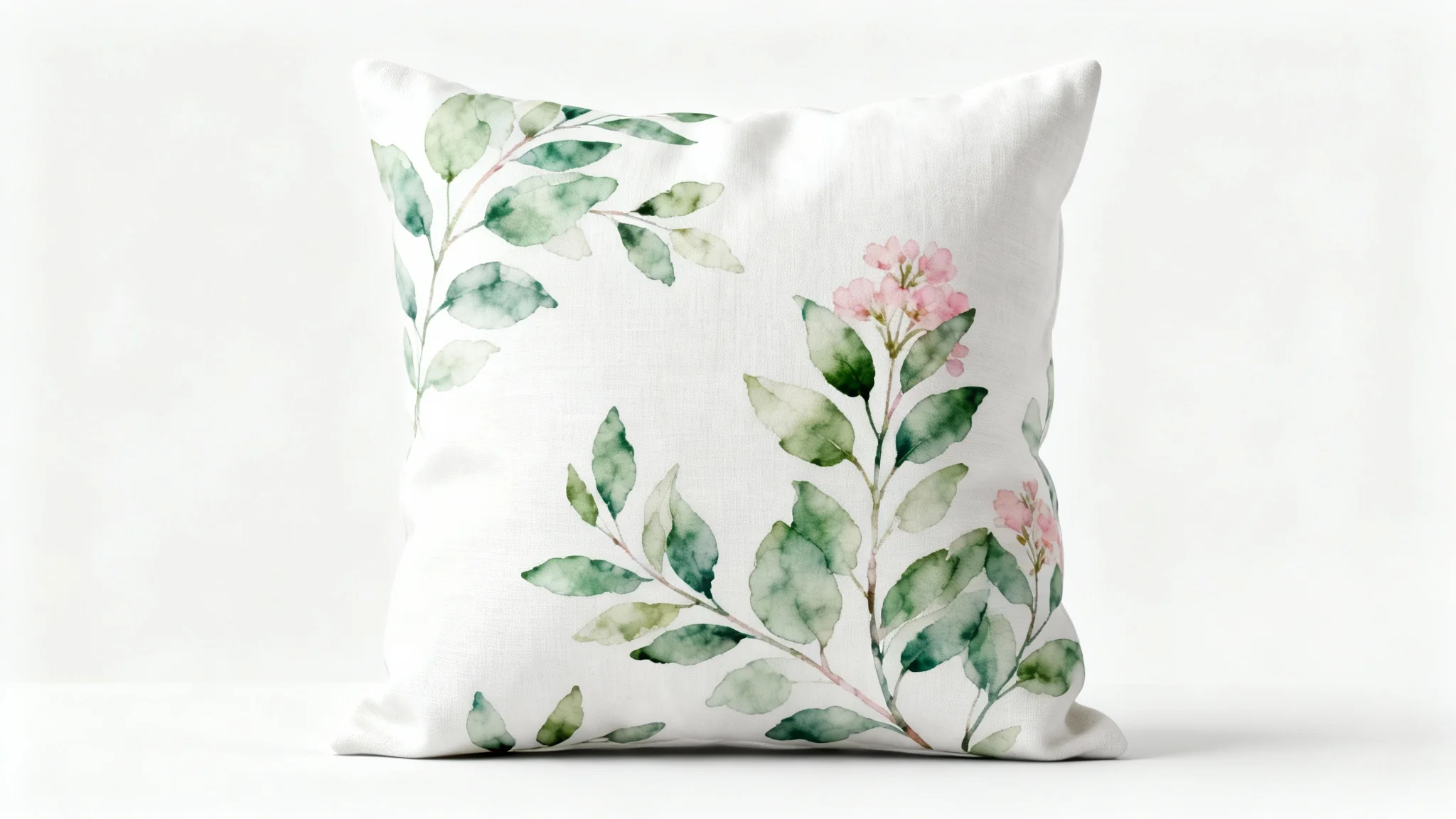 A photorealistic mockup of a plush, square white linen throw pillow featuring a delicate watercolor botanical print, set against a solid white background.