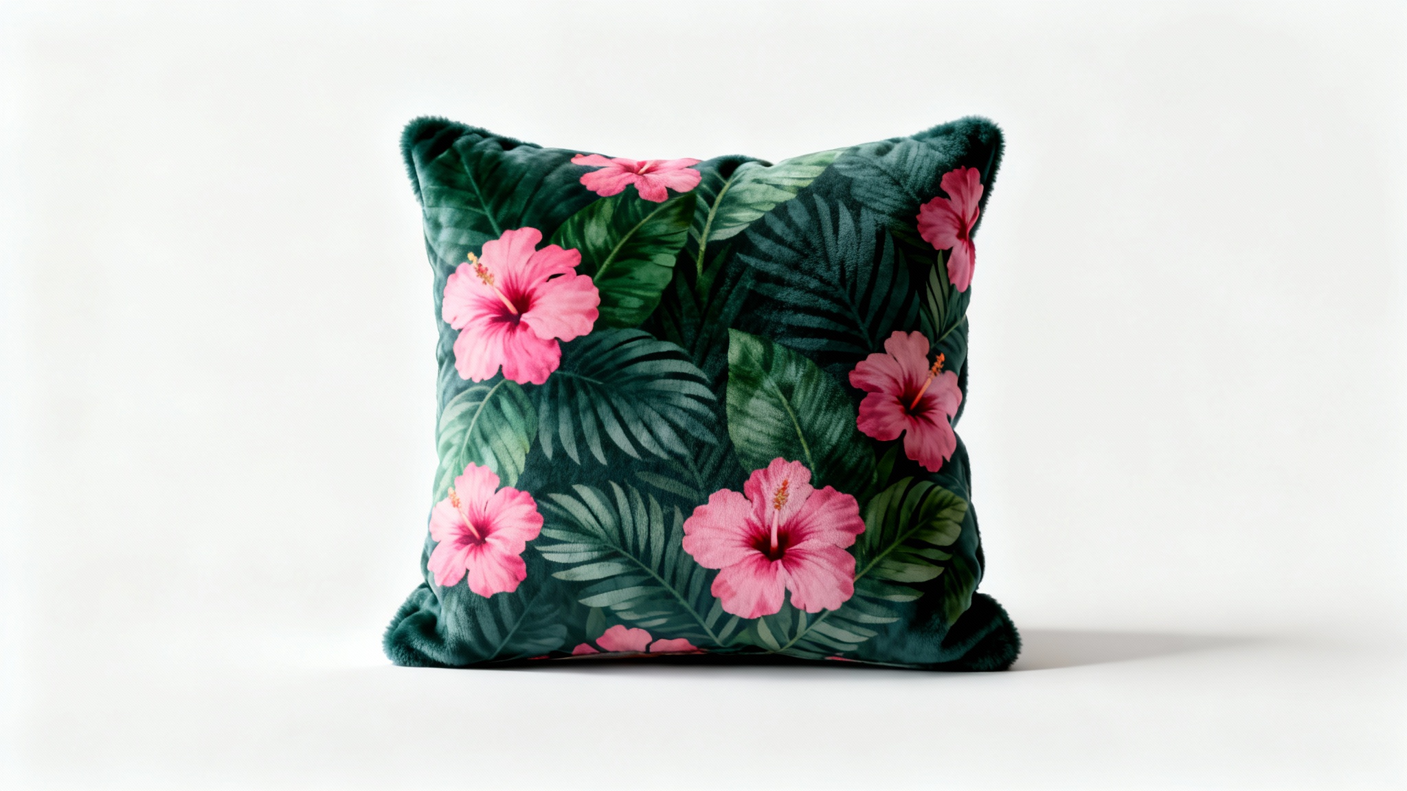 A high-quality product mockup of a square throw pillow with a vibrant tropical leaf and hibiscus flower pattern, showcased against a clean white background.