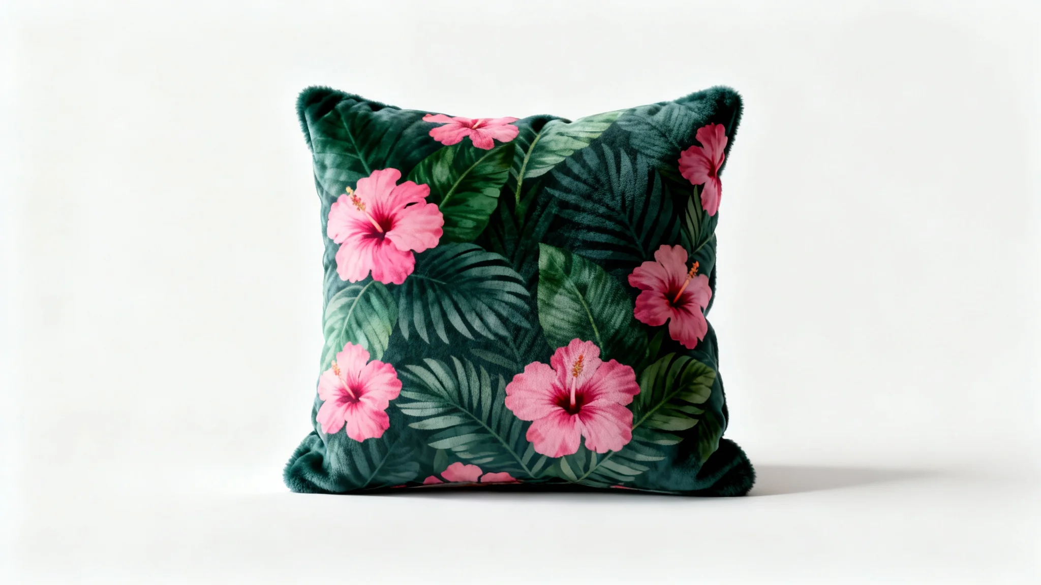 A high-quality product mockup of a square throw pillow with a vibrant tropical leaf and hibiscus flower pattern, showcased against a clean white background.