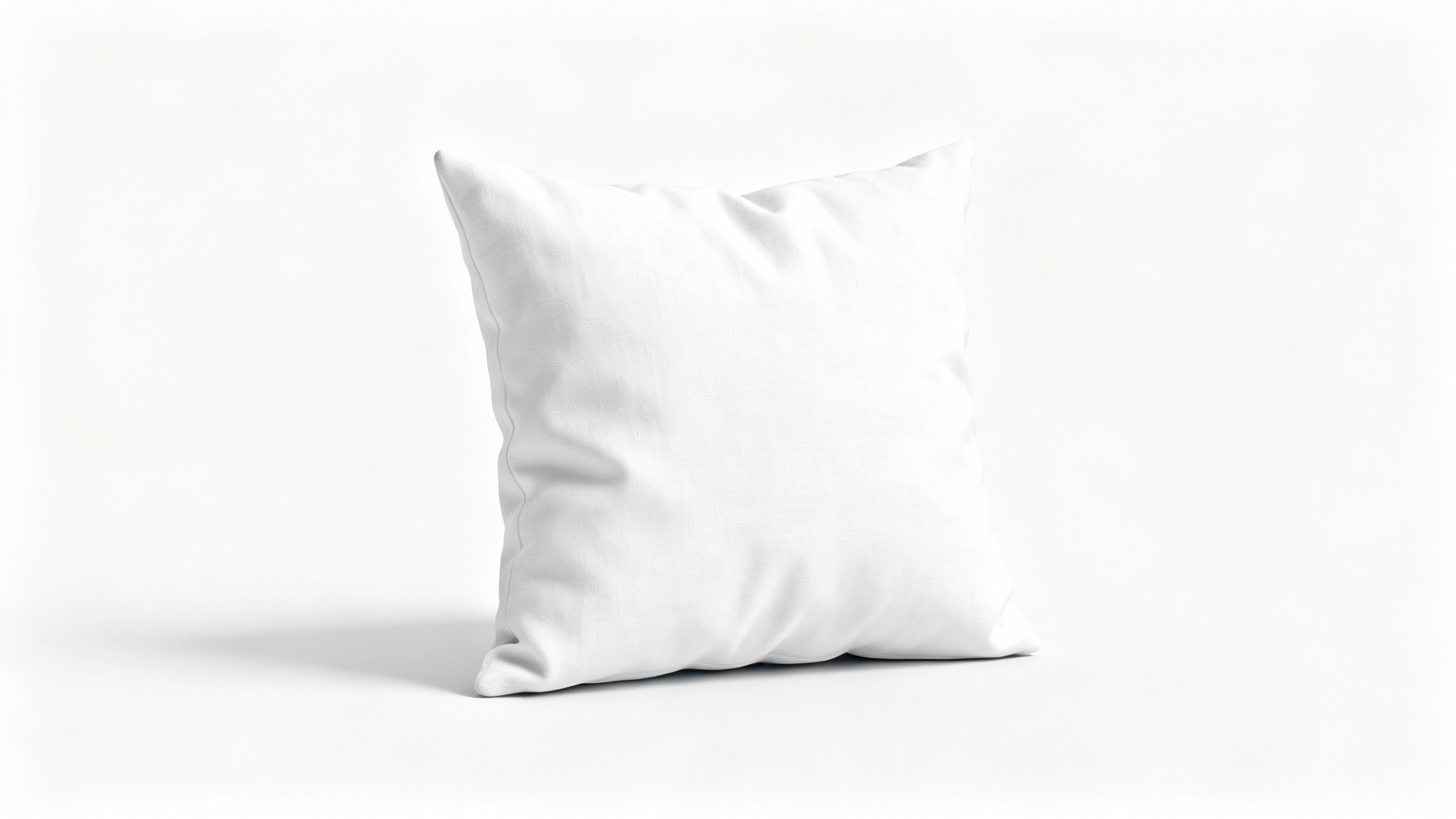 A photorealistic mockup of a single, plush white throw pillow positioned on a clean, white background, ready for a custom design.