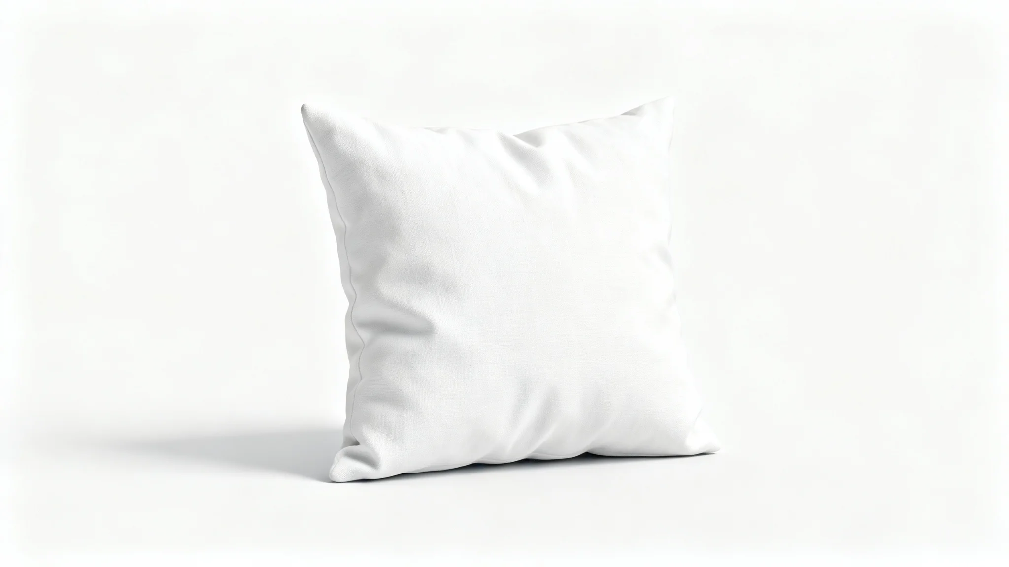 A photorealistic mockup of a single, plush white throw pillow positioned on a clean, white background, ready for a custom design.