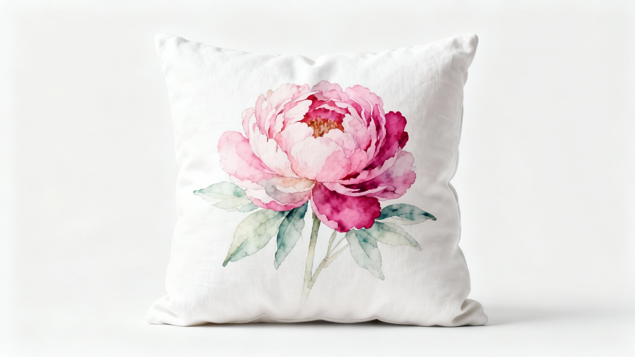 A photorealistic mockup of a square white throw pillow with a vibrant watercolor peony design, set against a clean white background.