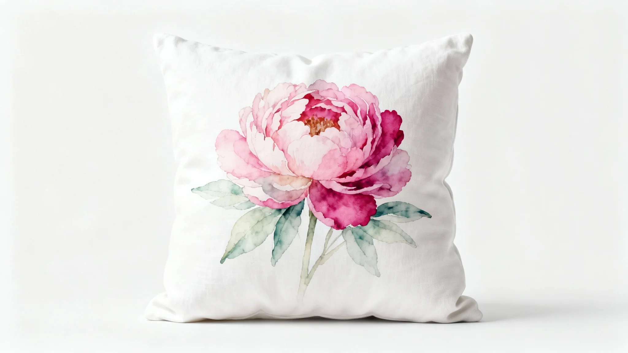 A photorealistic mockup of a square white throw pillow with a vibrant watercolor peony design, set against a clean white background.