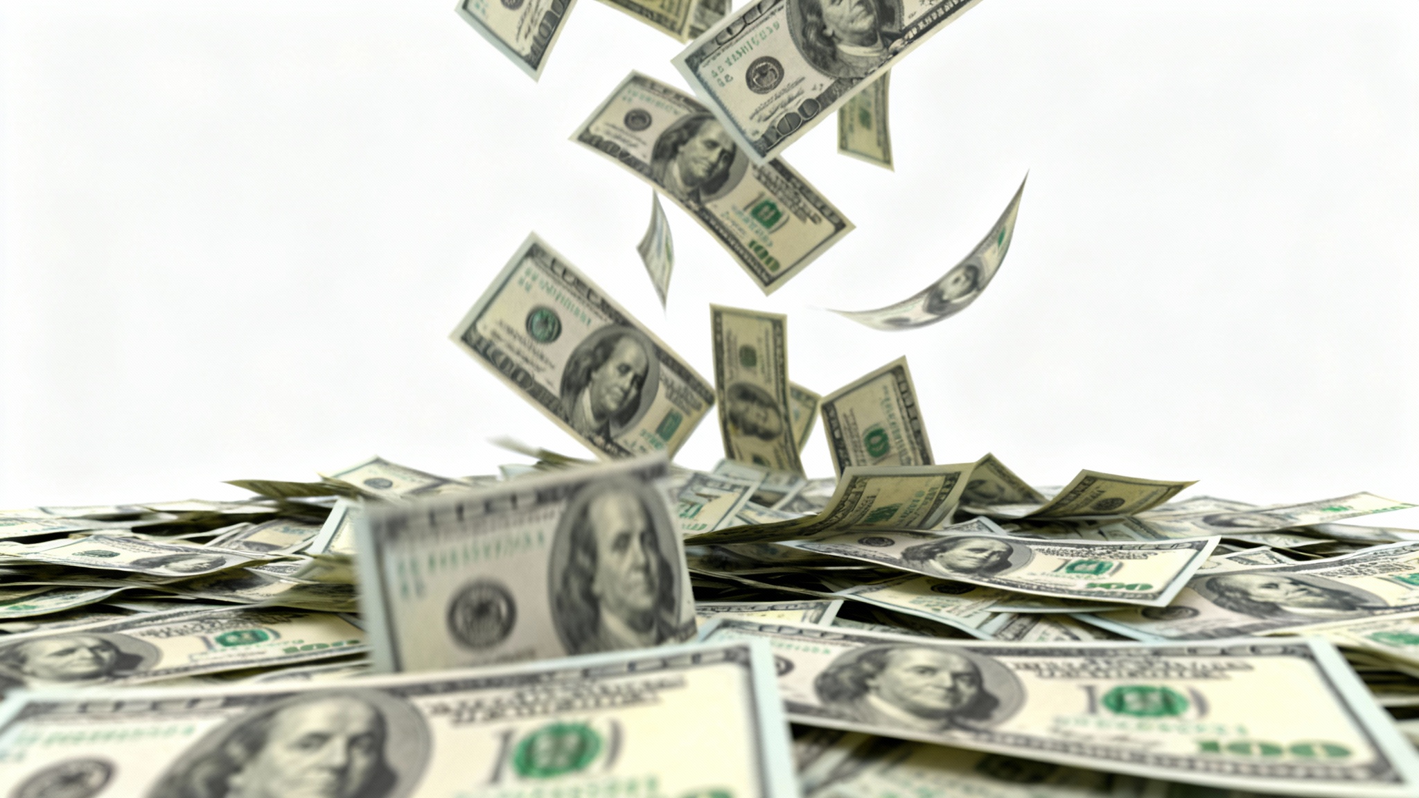 A photorealistic image of US hundred-dollar bills raining down against a clean white background, creating a sense of wealth and abundance.