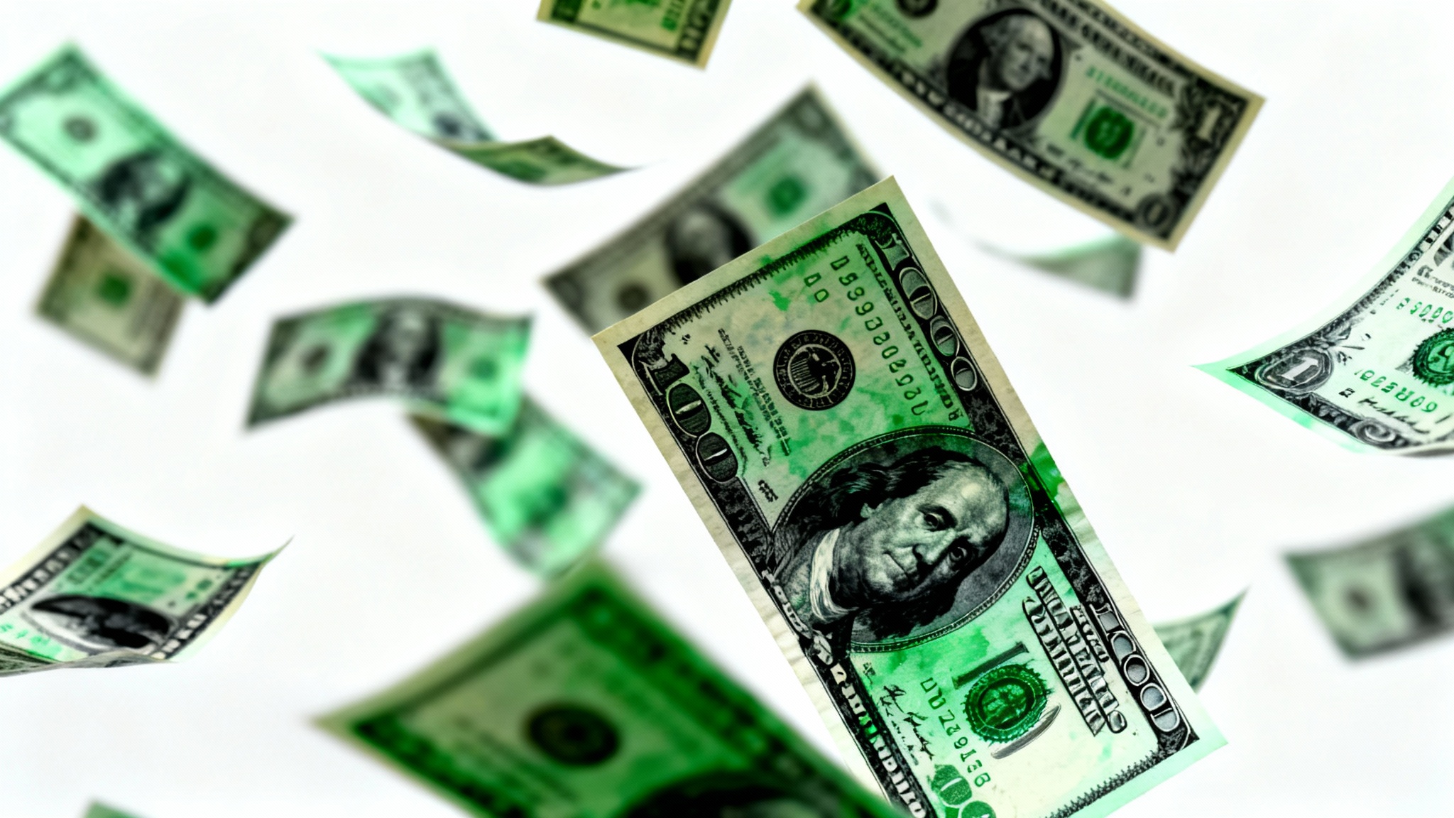 A hyper-realistic image of a large amount of hundred-dollar bills raining down against a plain white background, symbolizing wealth and success.