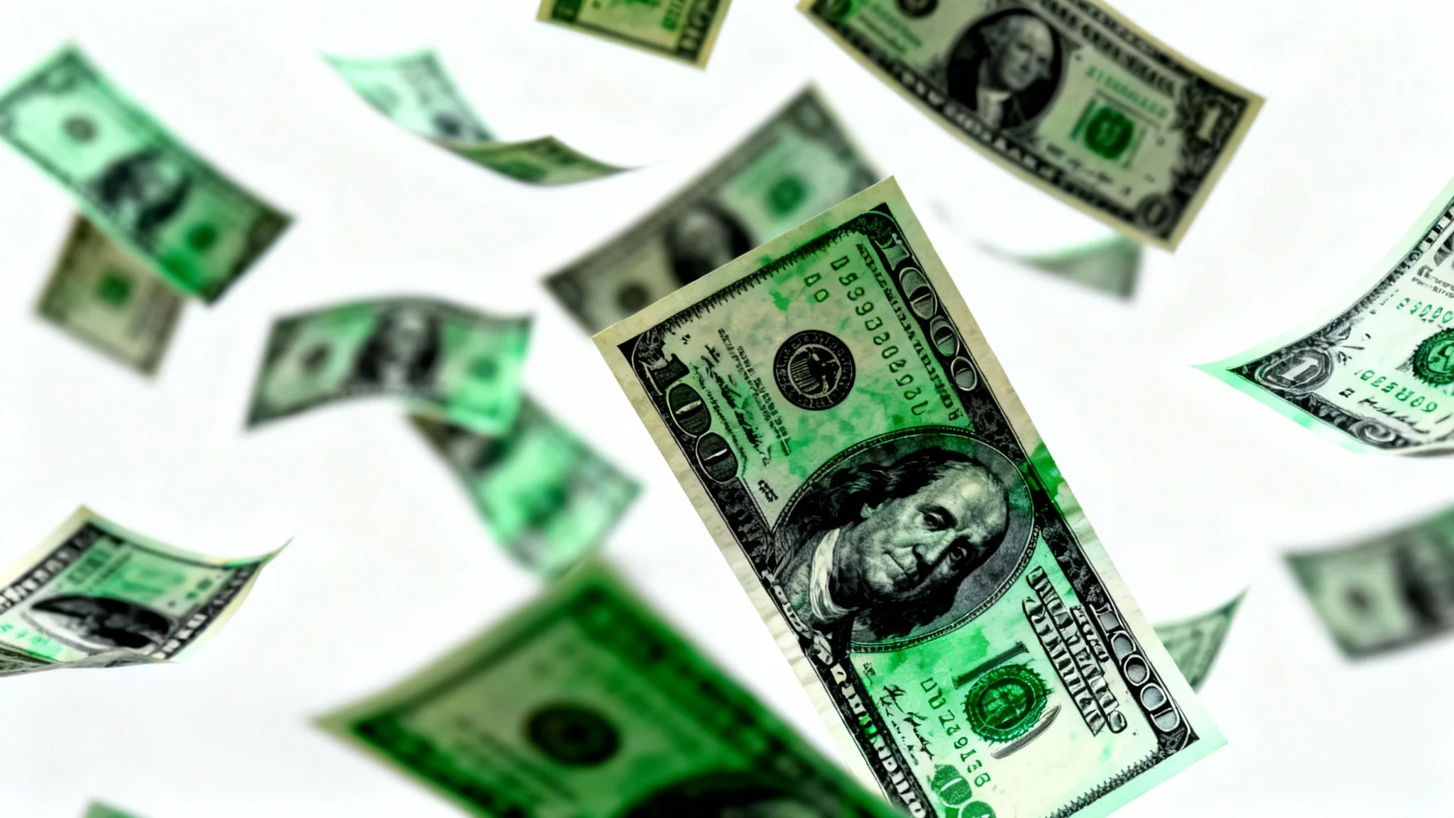 A hyper-realistic image of a large amount of hundred-dollar bills raining down against a plain white background, symbolizing wealth and success.