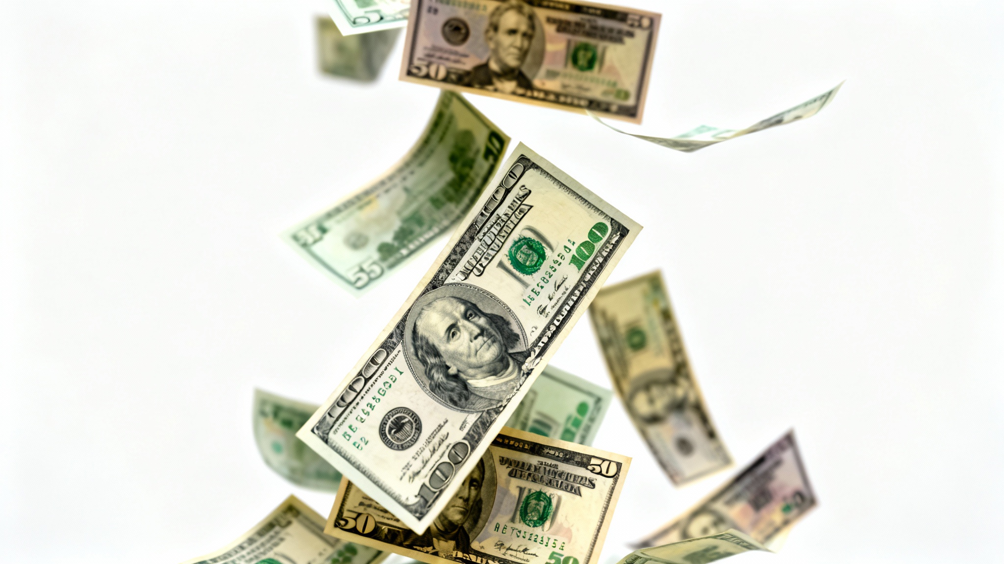 A photorealistic image of hundred-dollar bills raining down against a clean white background, conveying a sense of wealth and abundance.