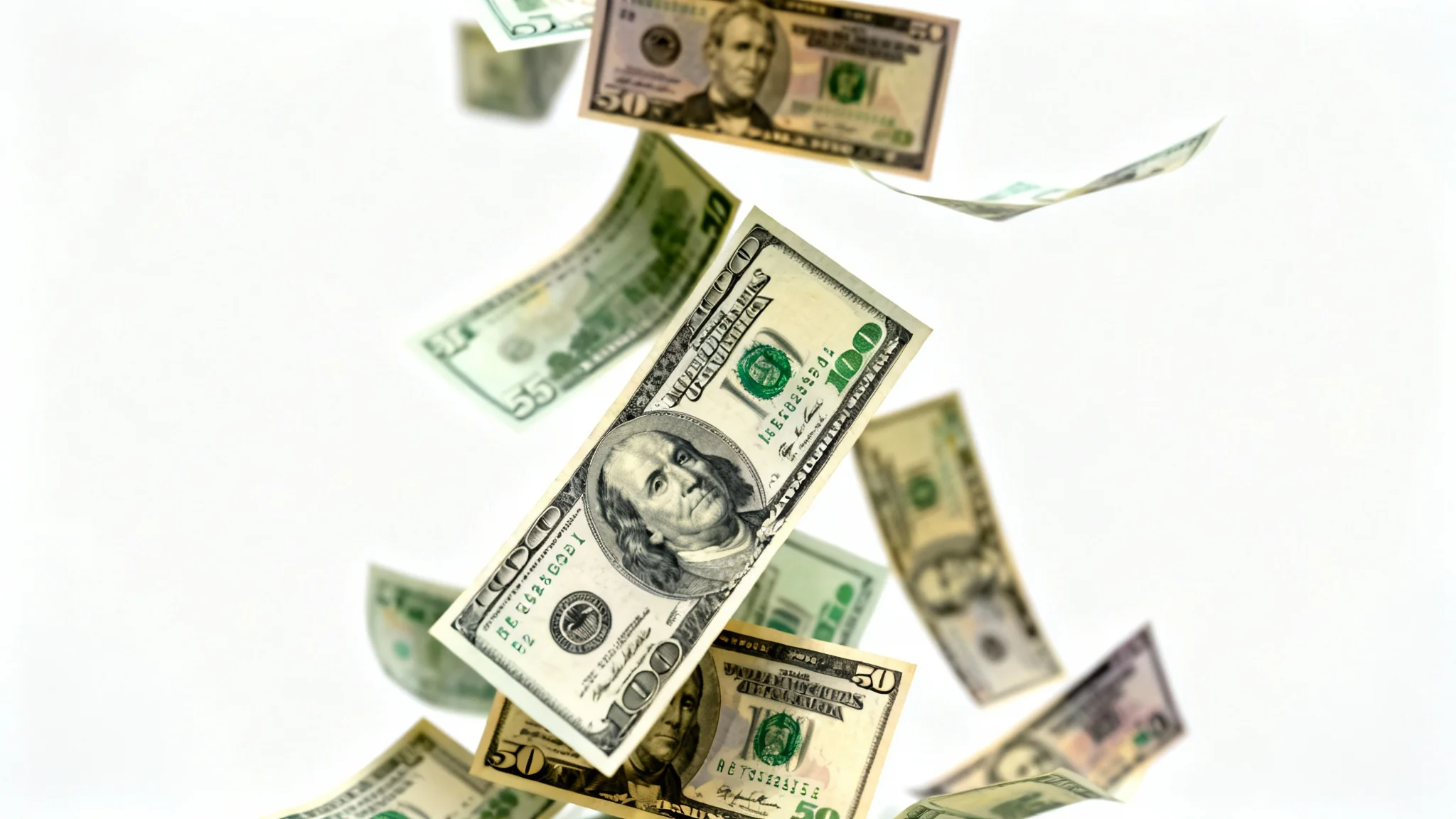 A photorealistic image of hundred-dollar bills raining down against a clean white background, conveying a sense of wealth and abundance.