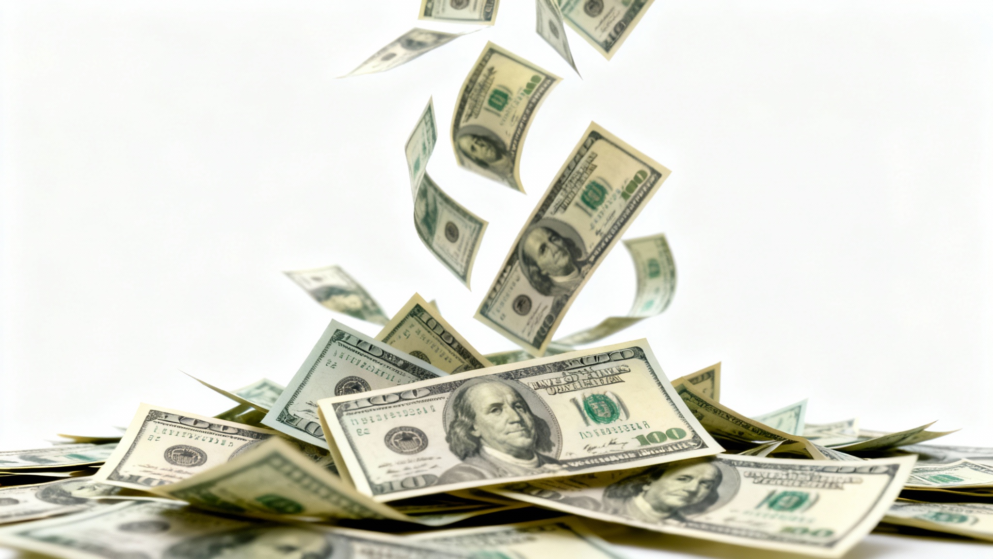 A photorealistic image of hundred-dollar bills raining down against a solid white background, conveying a sense of wealth and prosperity.