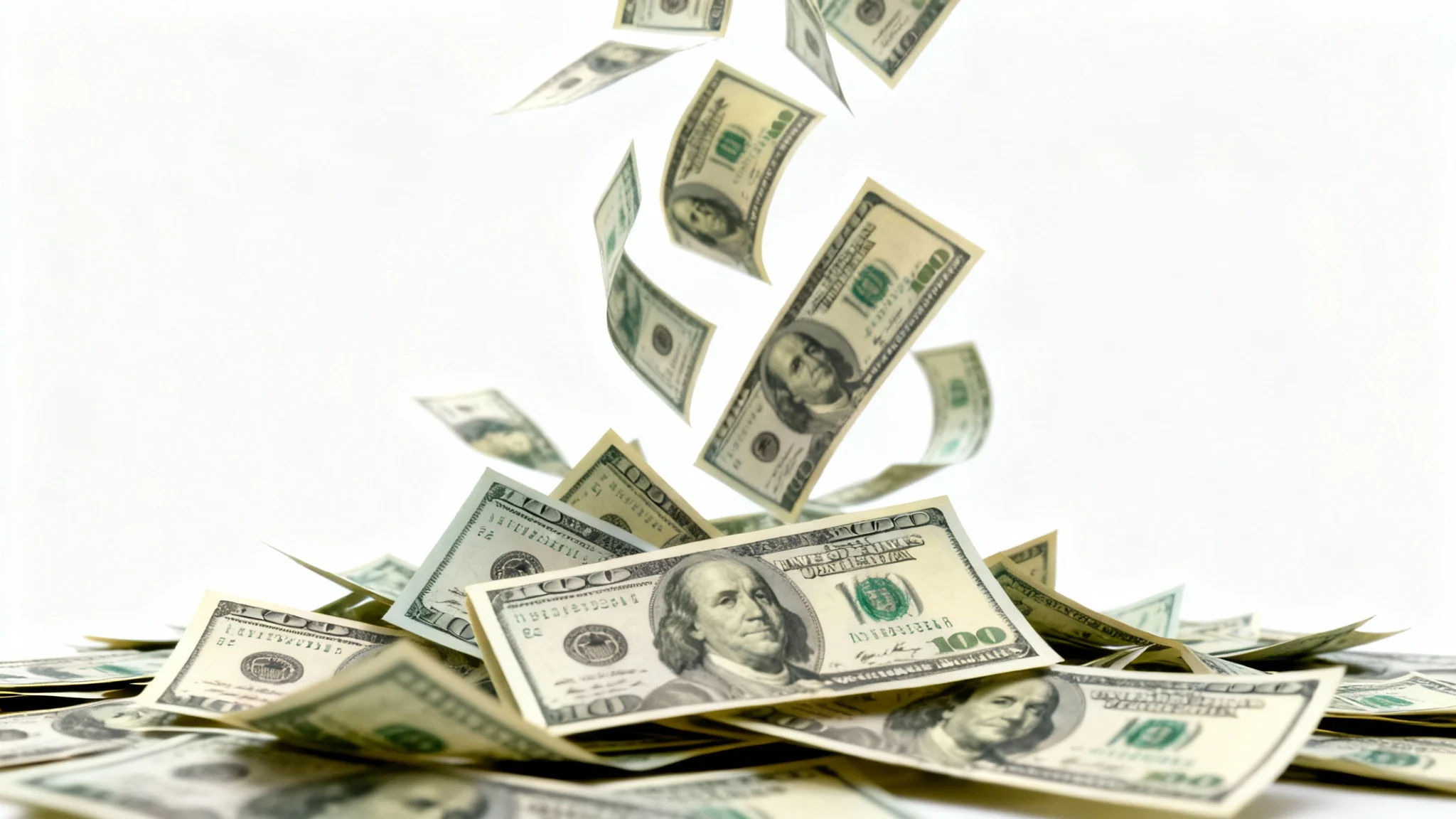 A photorealistic image of hundred-dollar bills raining down against a solid white background, conveying a sense of wealth and prosperity.