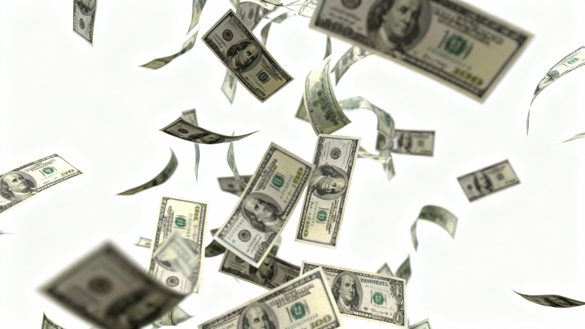 A photorealistic image of a cascade of hundred-dollar bills falling and fluttering through the air against a plain white background, conveying a sense of wealth and abundance.