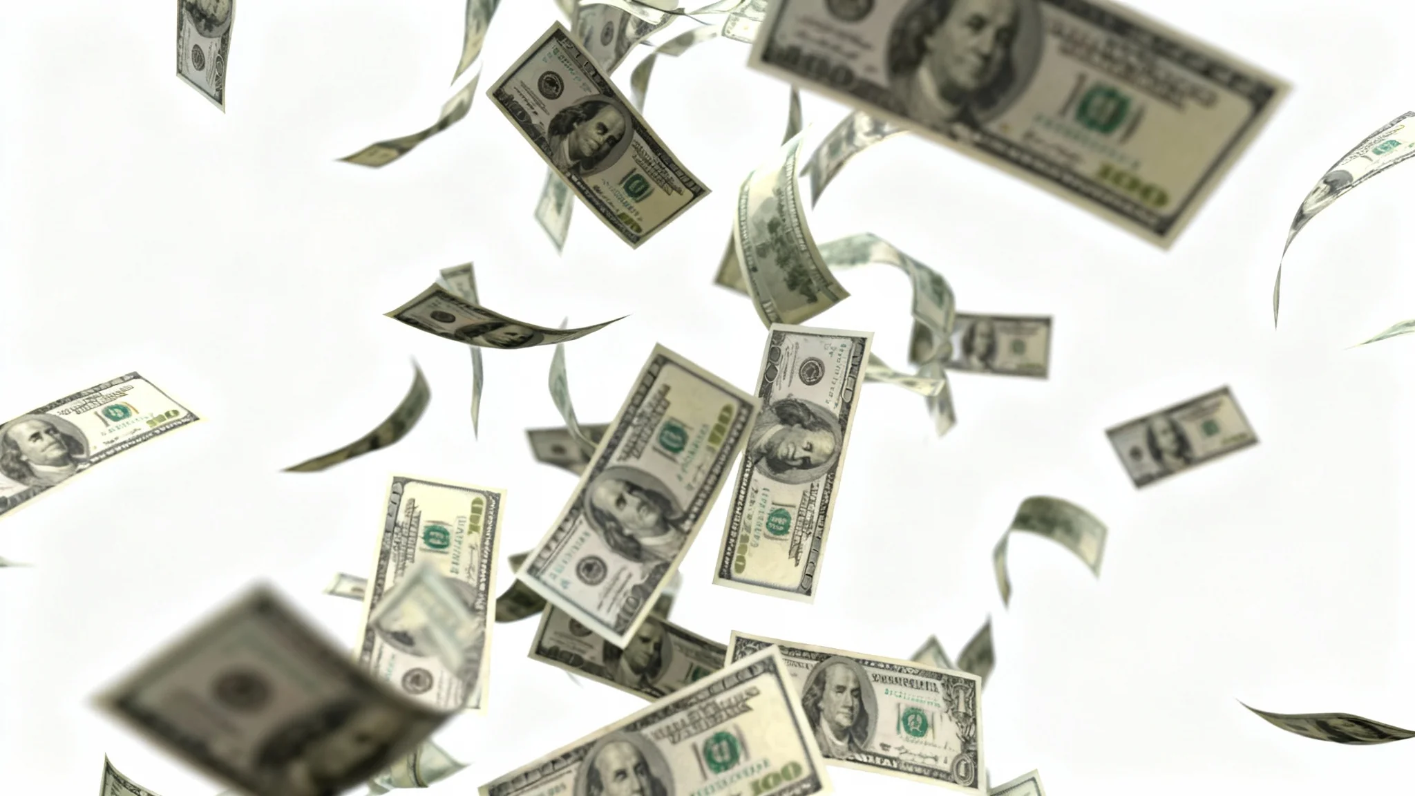 A photorealistic image of a cascade of hundred-dollar bills falling and fluttering through the air against a plain white background, conveying a sense of wealth and abundance.