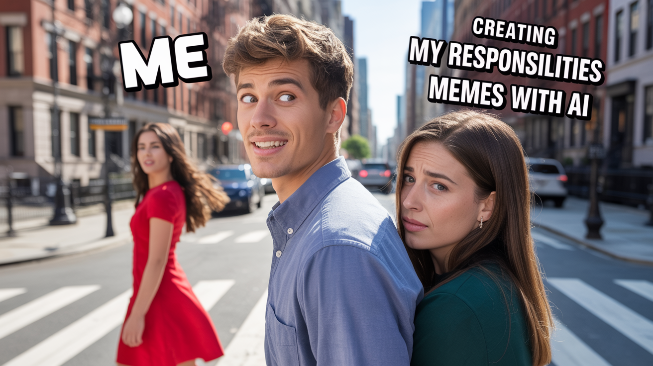 The distracted boyfriend meme, where the man is labeled 'Me', his disapproving girlfriend is labeled 'My responsibilities', and the woman he's looking at is labeled 'Creating memes with AI'.