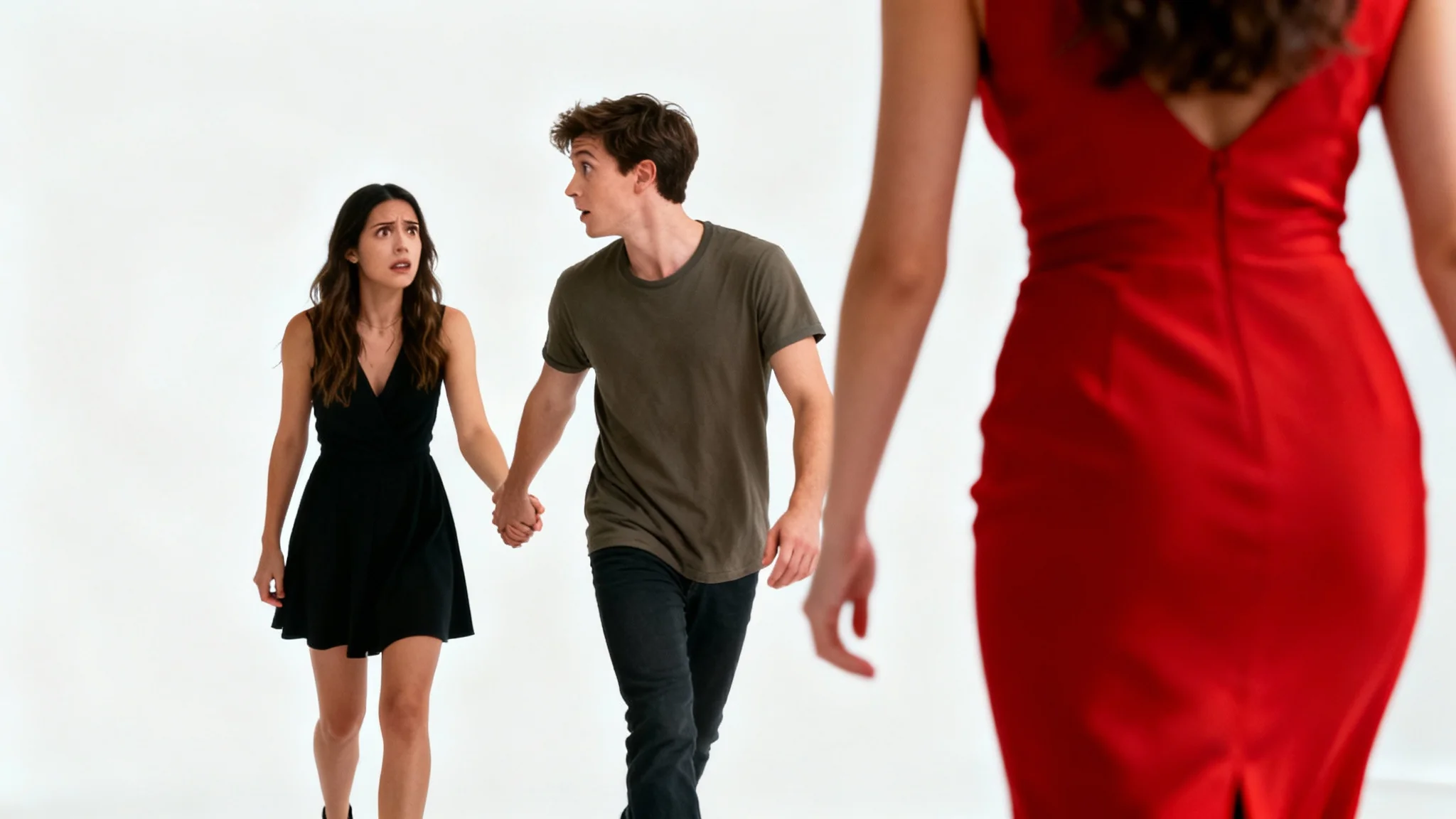 A modern, photographic recreation of the distracted boyfriend meme. A man looks admiringly at a woman in a red dress walking by, while his girlfriend looks at him in disgust, all set against a clean white background.