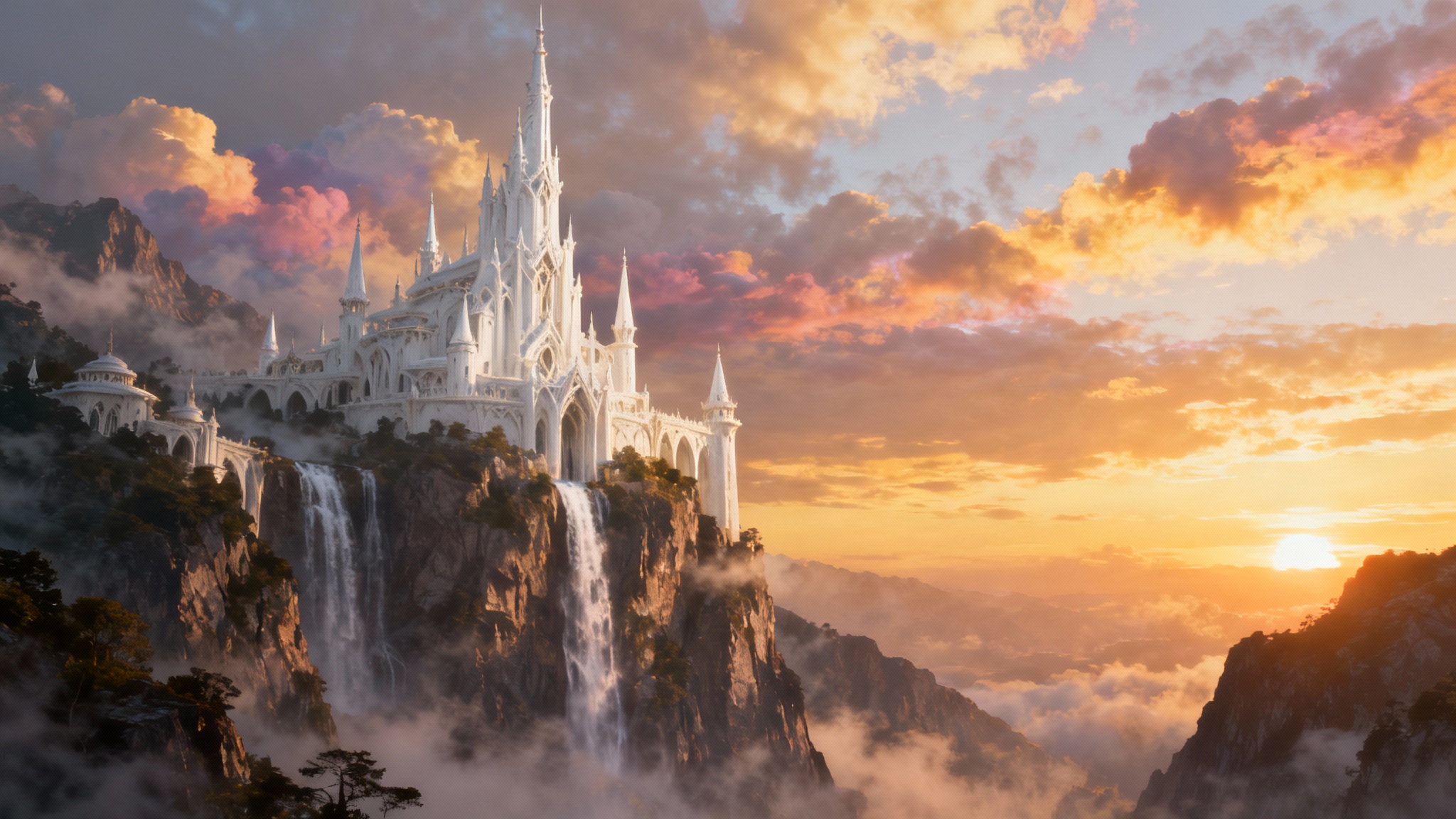 A breathtaking fantasy castle with tall, white spires sits on a mountain peak during a golden sunset, with waterfalls flowing from its base.
