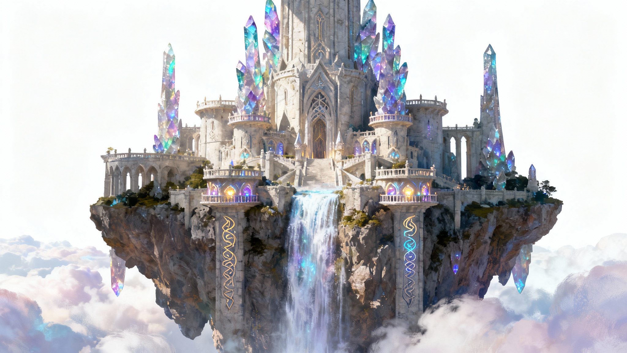 An epic digital painting of a majestic fantasy castle on a floating island, shown as a mockup against a solid white background.