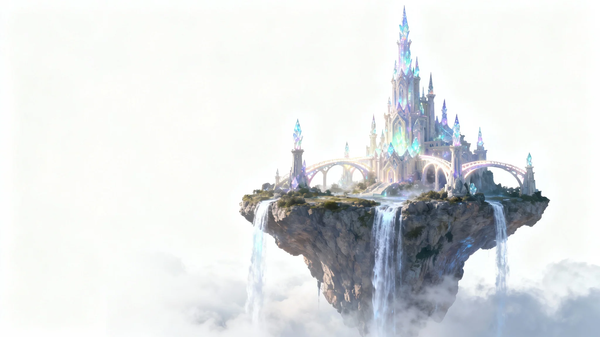 A majestic fantasy castle with glowing crystal towers, perched on a floating island with waterfalls, set against a plain white background.