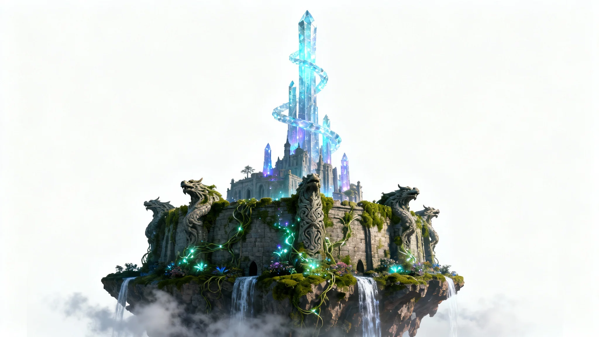 A hyperrealistic digital painting of a majestic fantasy castle with glowing crystal spires, situated on a floating island with waterfalls, presented as a mockup on a white background.