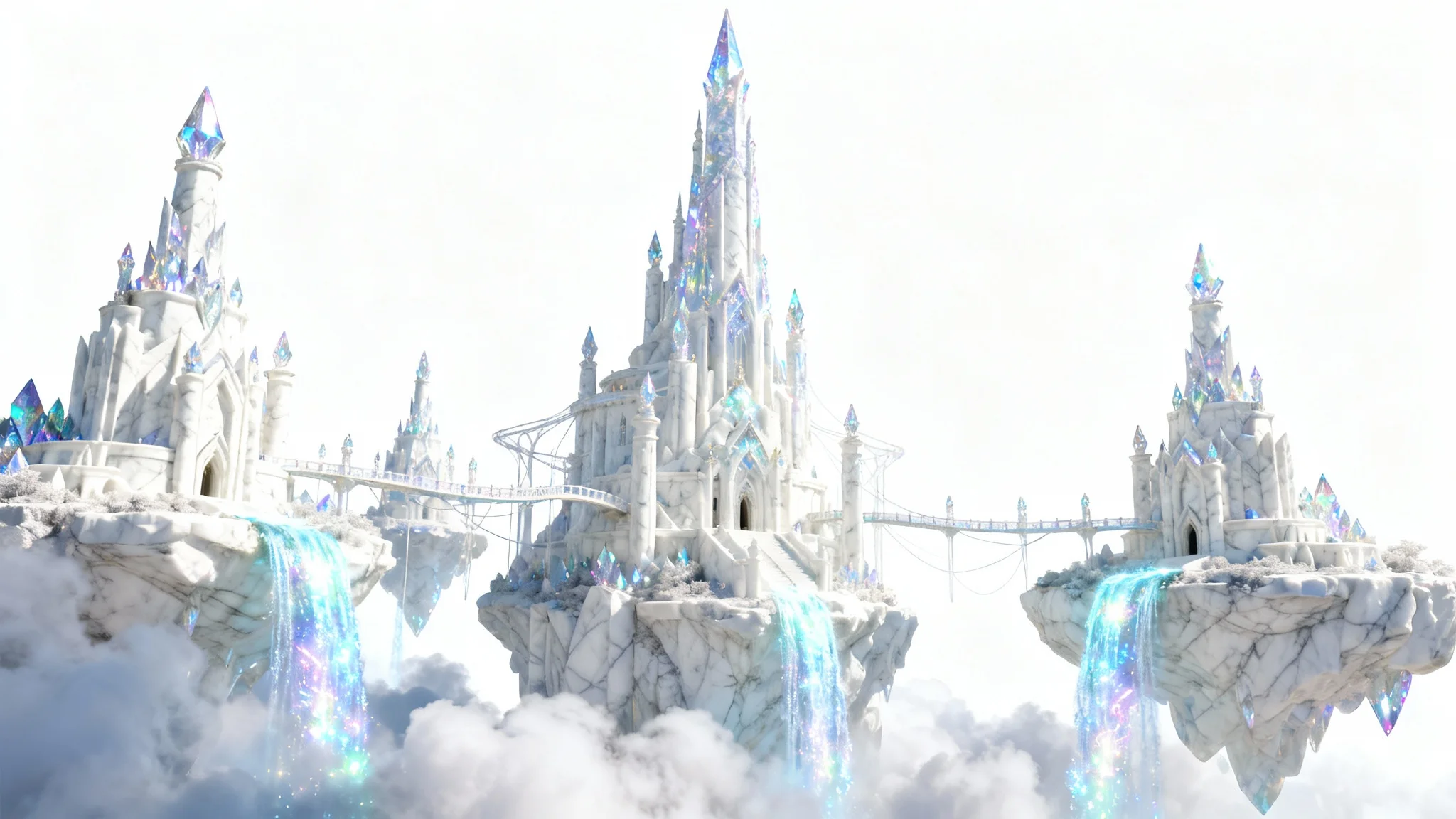 A majestic fantasy castle with towering crystal spires and magical waterfalls, shown in stunning detail against a plain white background.