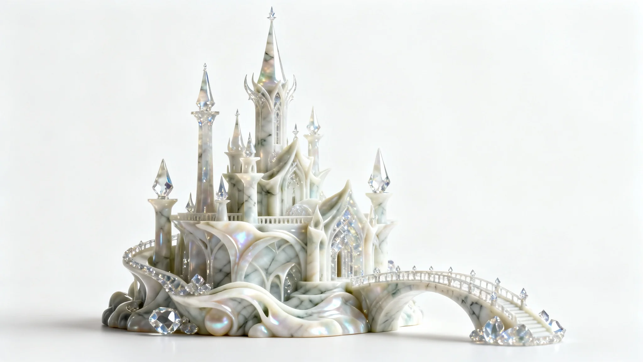 A detailed architectural model of a white and crystalline fantasy castle, photographed in a studio setting against a plain white background.